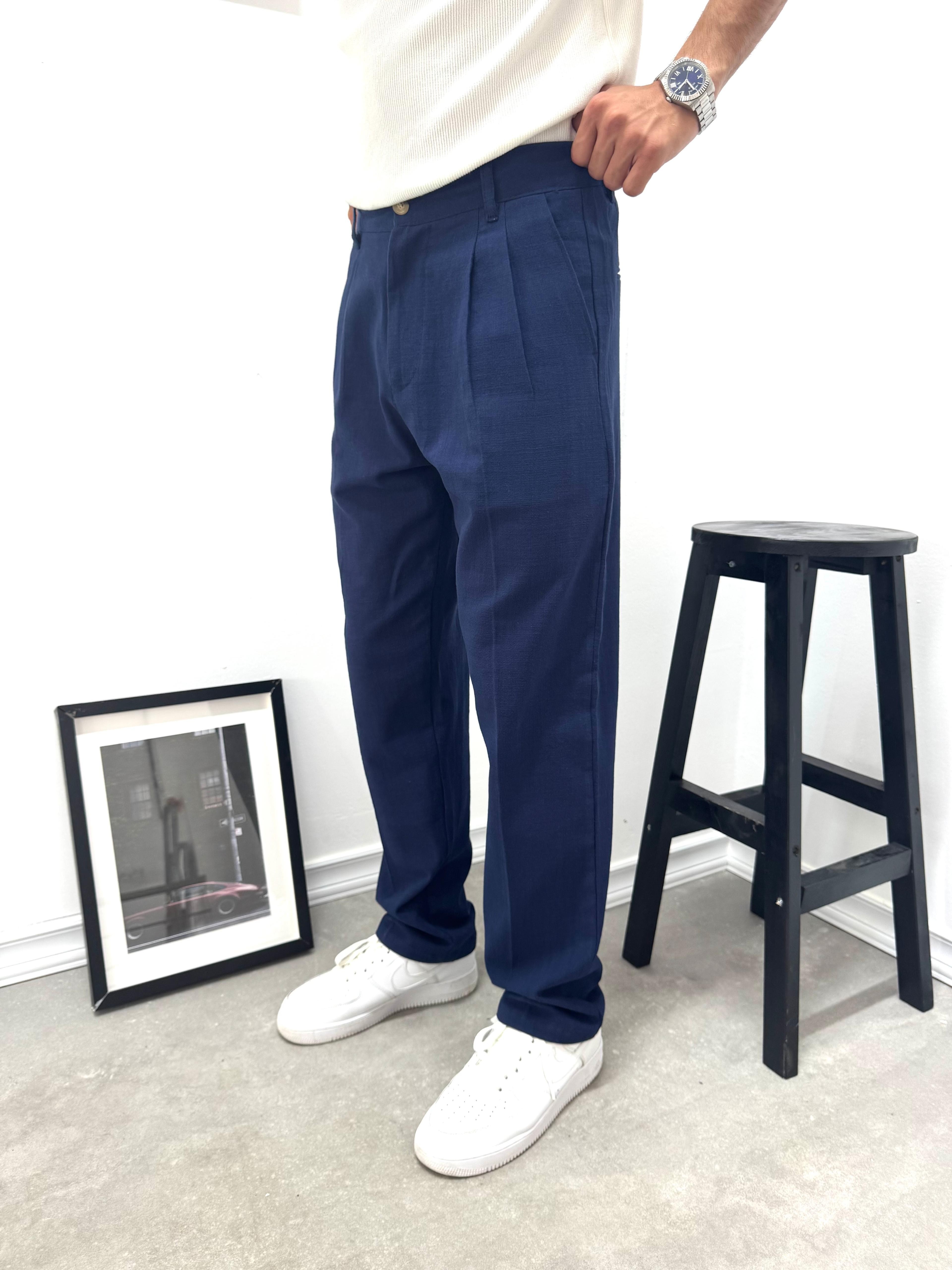PİLELİ BAGGY KETEN PANTOLON - LACİVERT