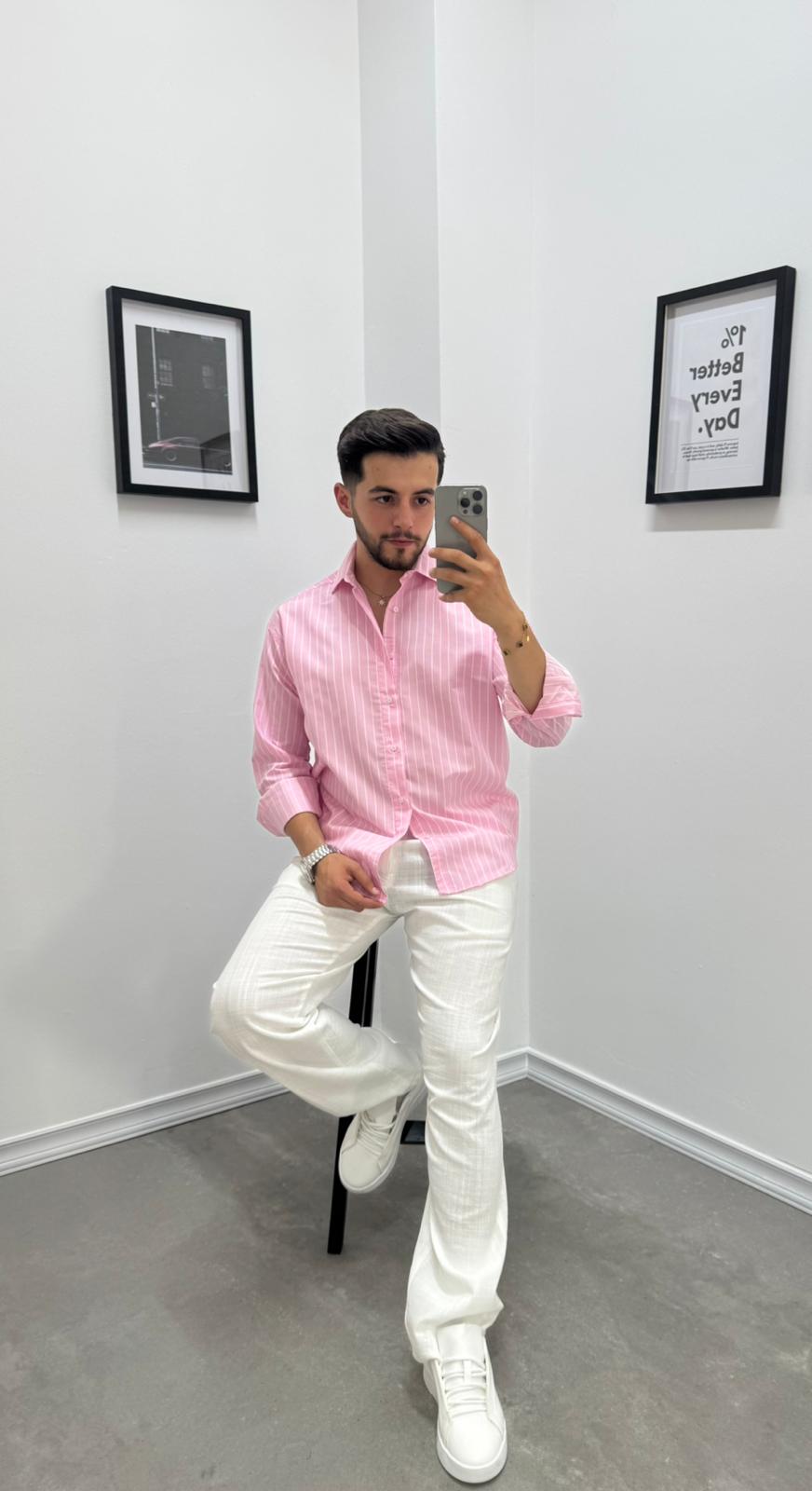 OVERSIZE ÇİZGİLİ GÖMLEK - PEMBE