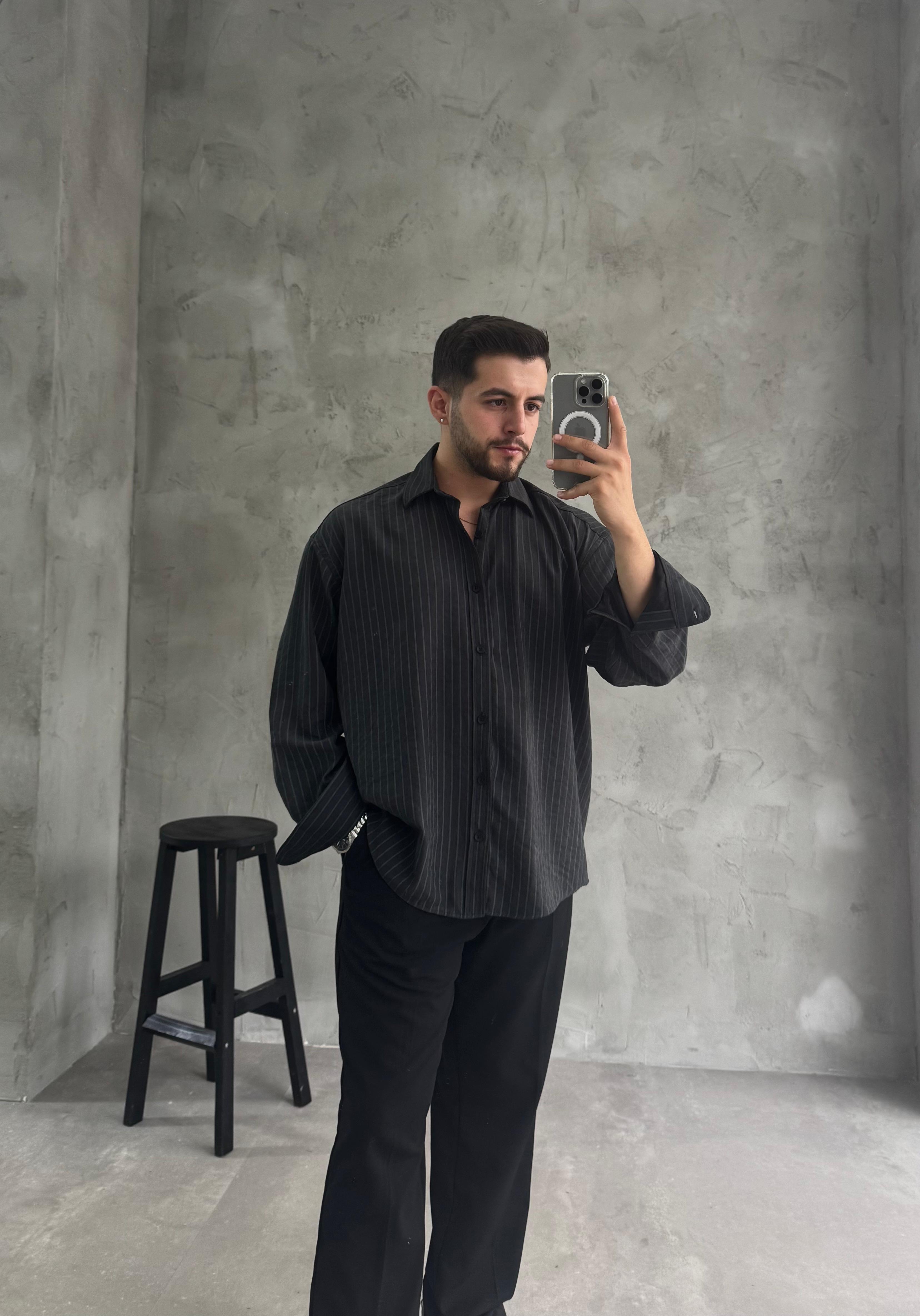 GG Siyah Kışlık Modal Kumaş Çizgili Gömlek