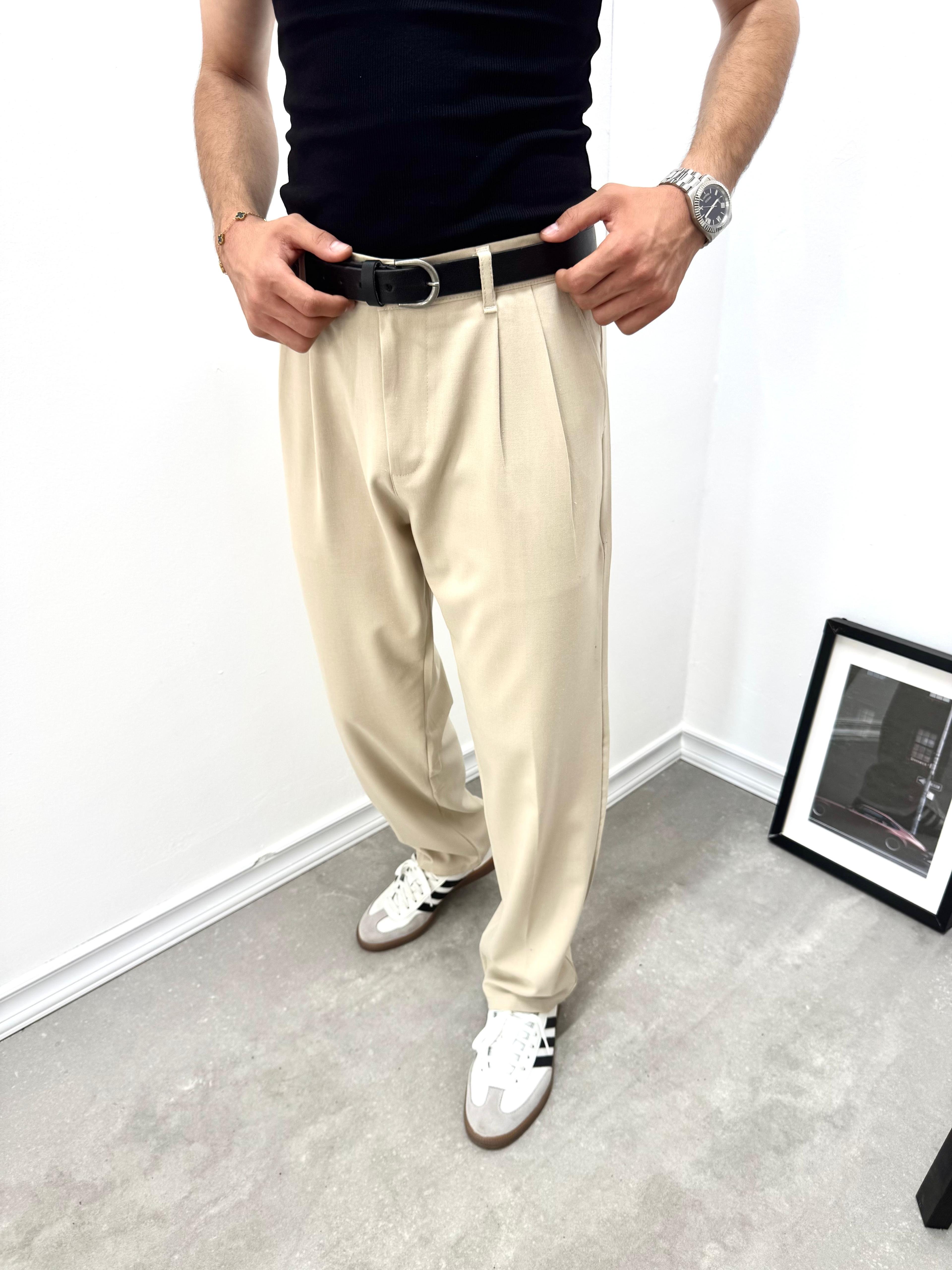 PİLELİ BAGGY KUMAŞ PANTOLON - BEJ