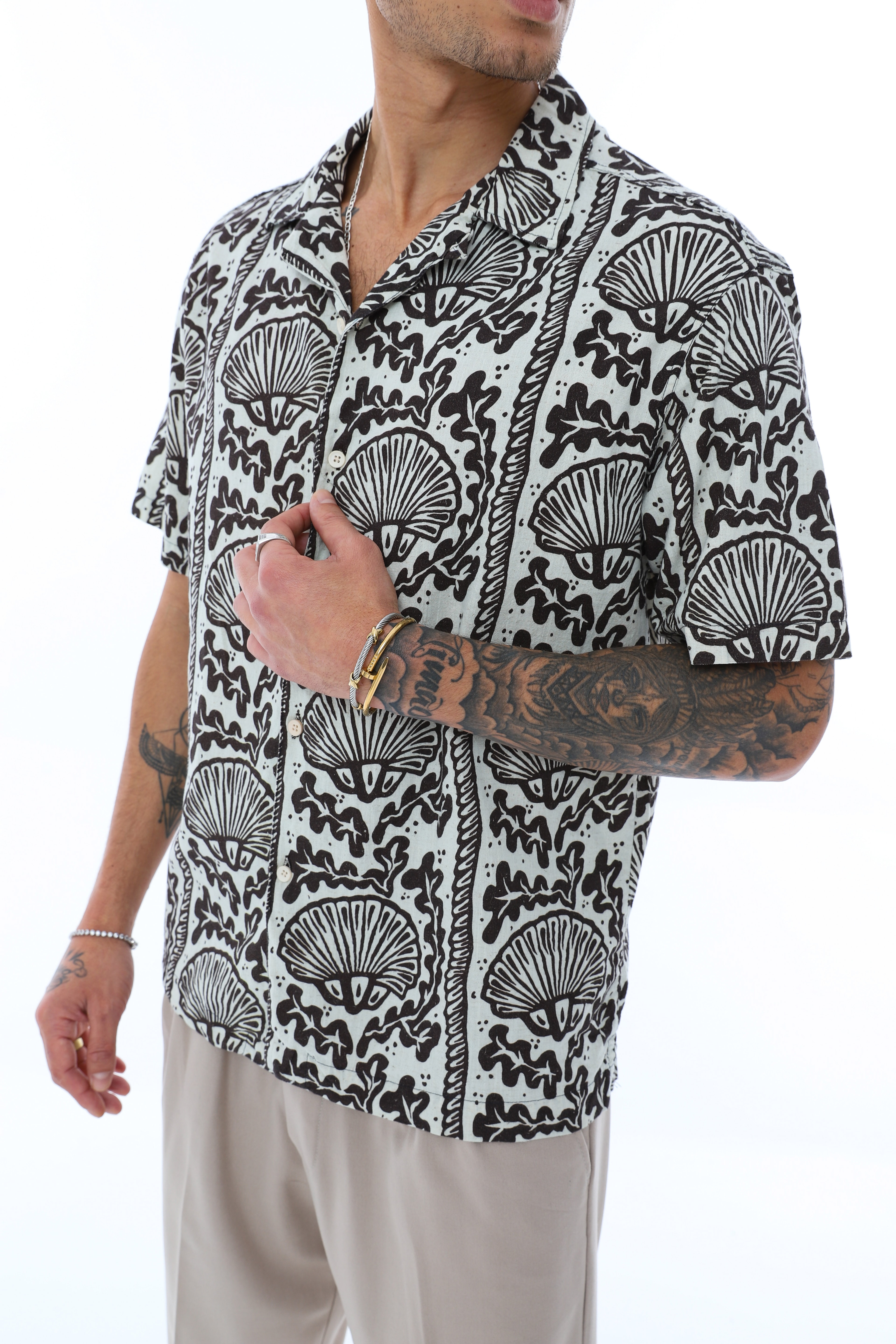 DESENLİ KISA KOLLU KETEN GÖMLEK - KAHVE