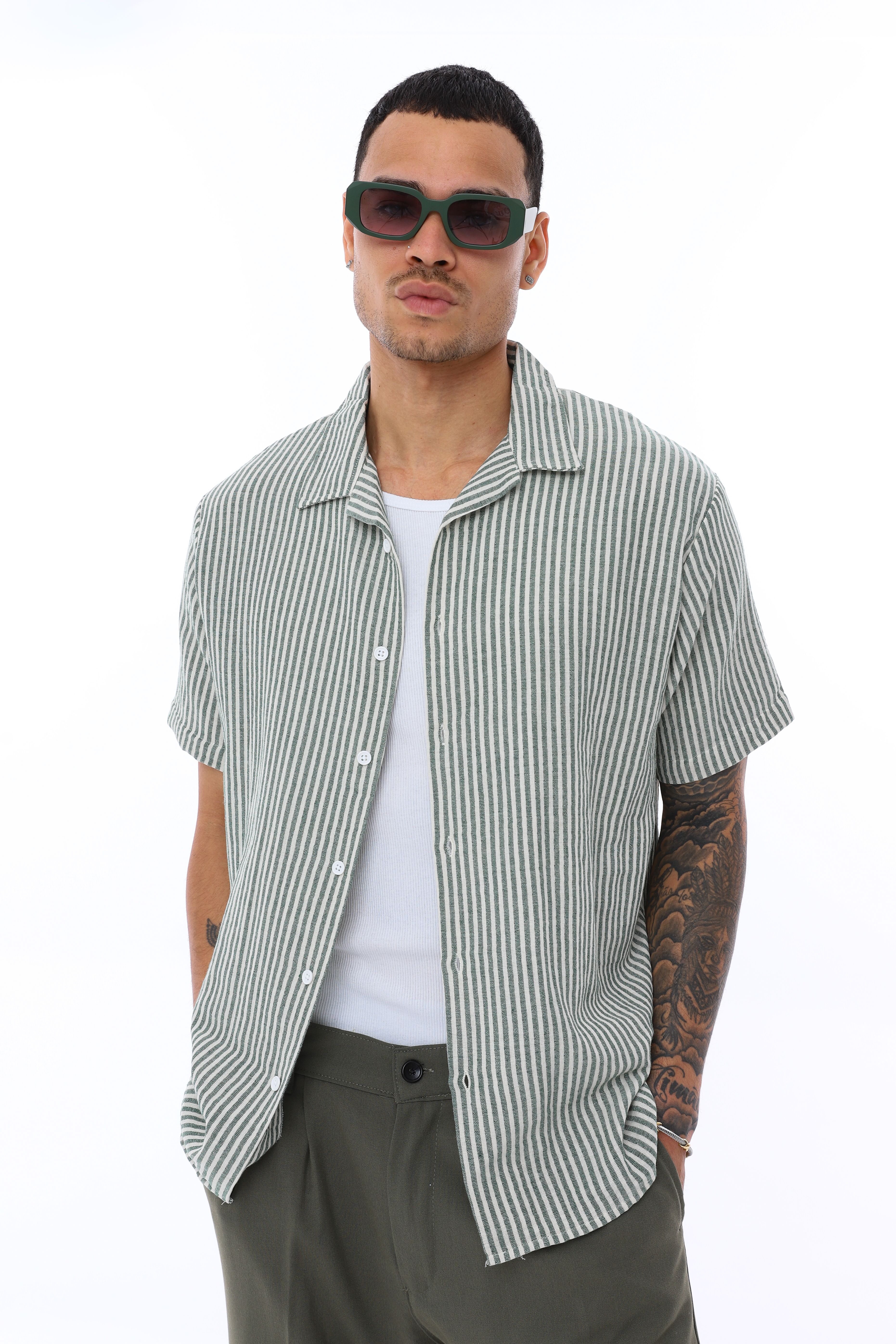 OVERSIZE KALIN ÇİZGİLİ KISA KOLLU GÖMLEK - HAKİ - BEYAZ