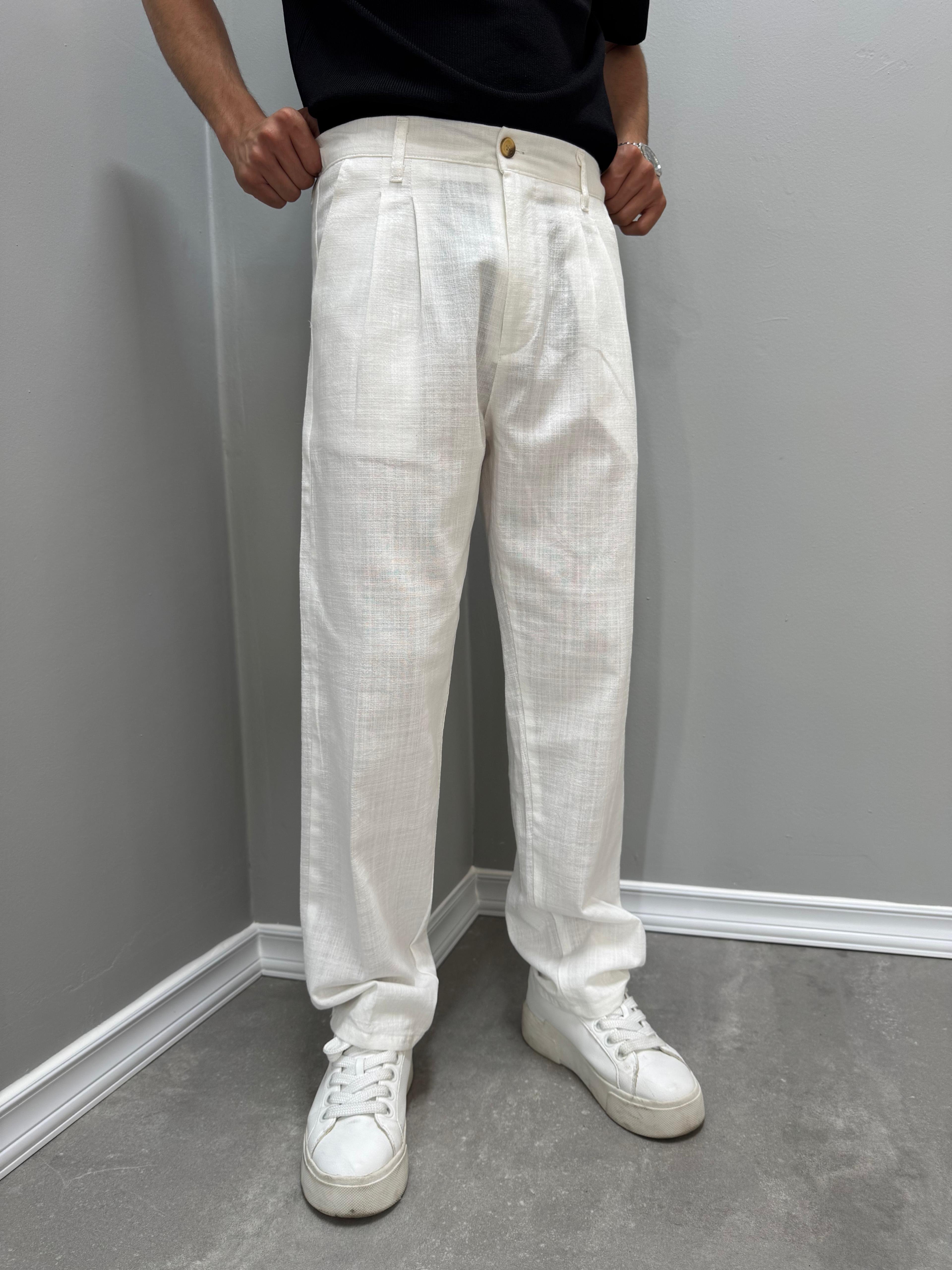PİLELİ BAGGY KETEN PANTOLON - BEYAZ