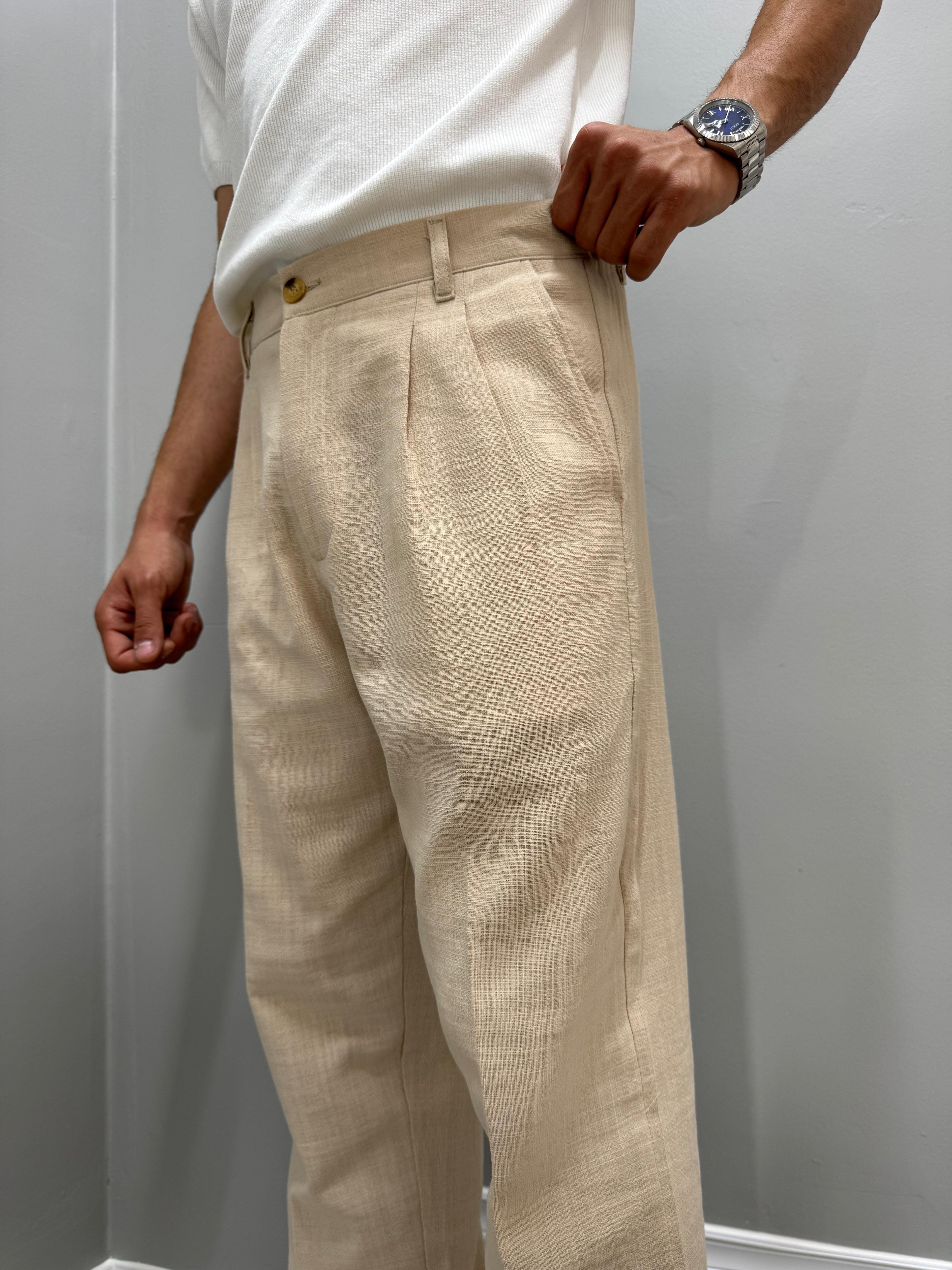 PİLELİ BAGGY KETEN PANTOLON - BEJ
