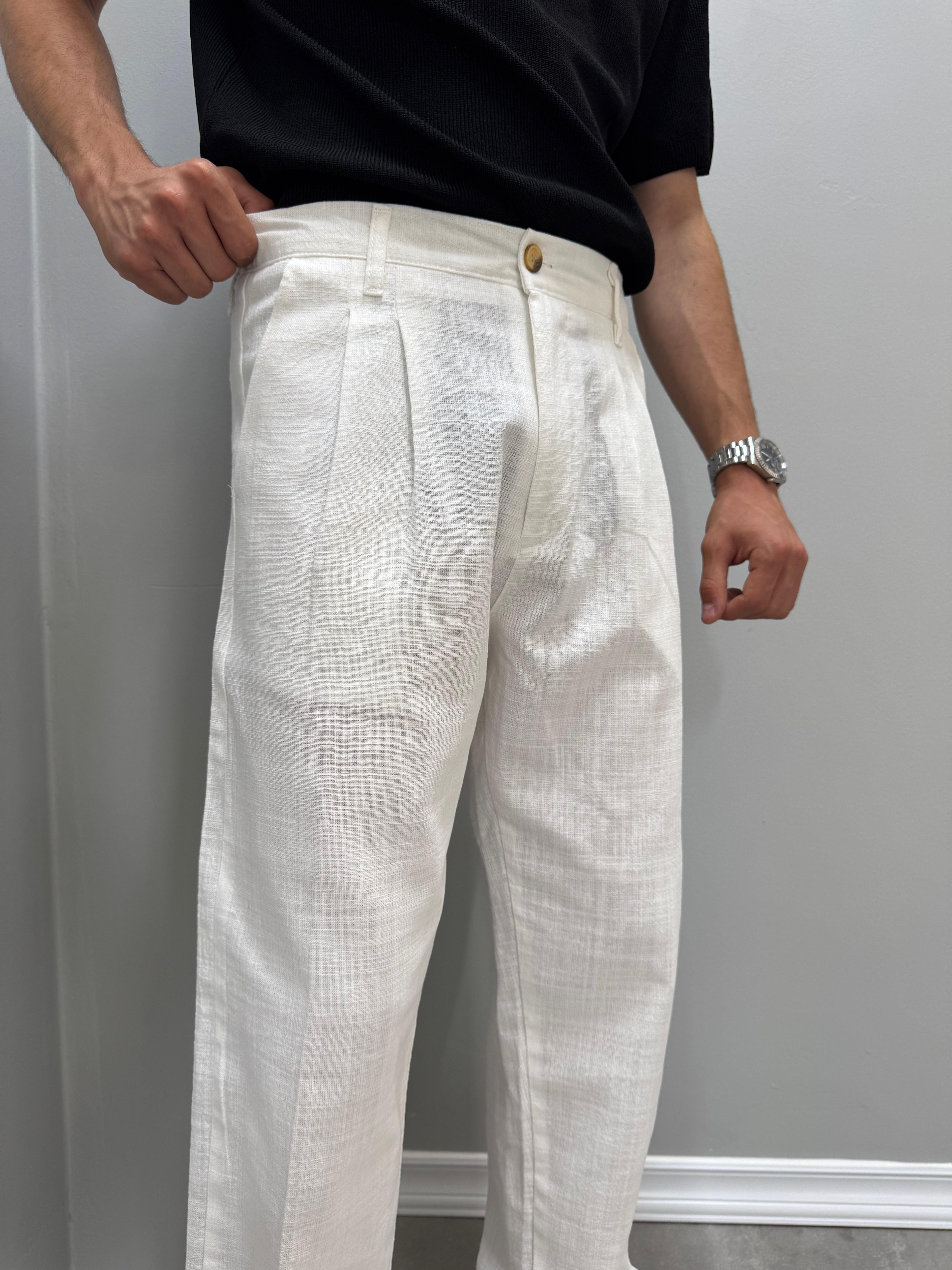 PİLELİ BAGGY KETEN PANTOLON - BEYAZ