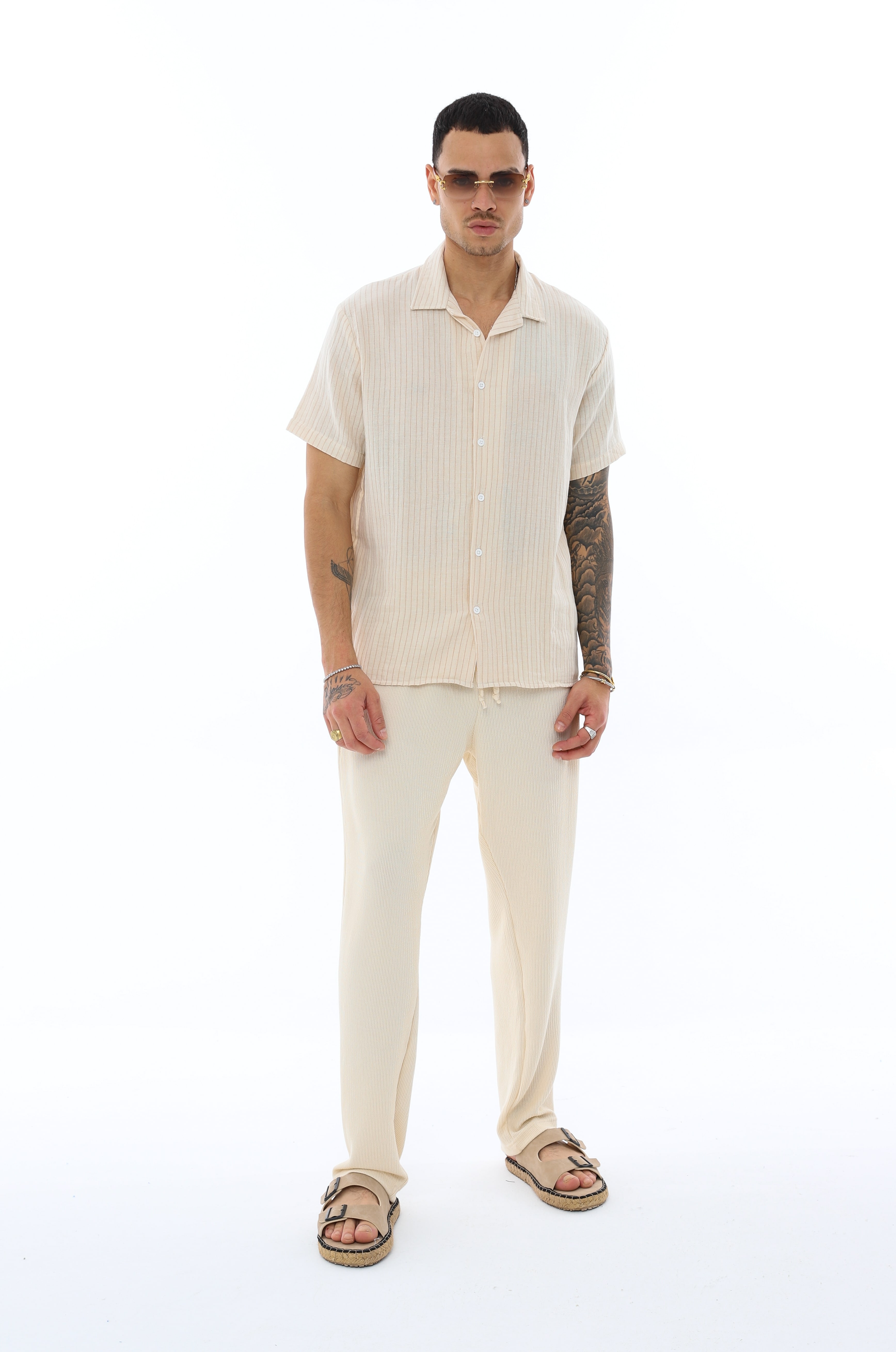 OVERSIZE İNCE ÇİZGİLİ GÖMLEK - KAHVE - BEYAZ