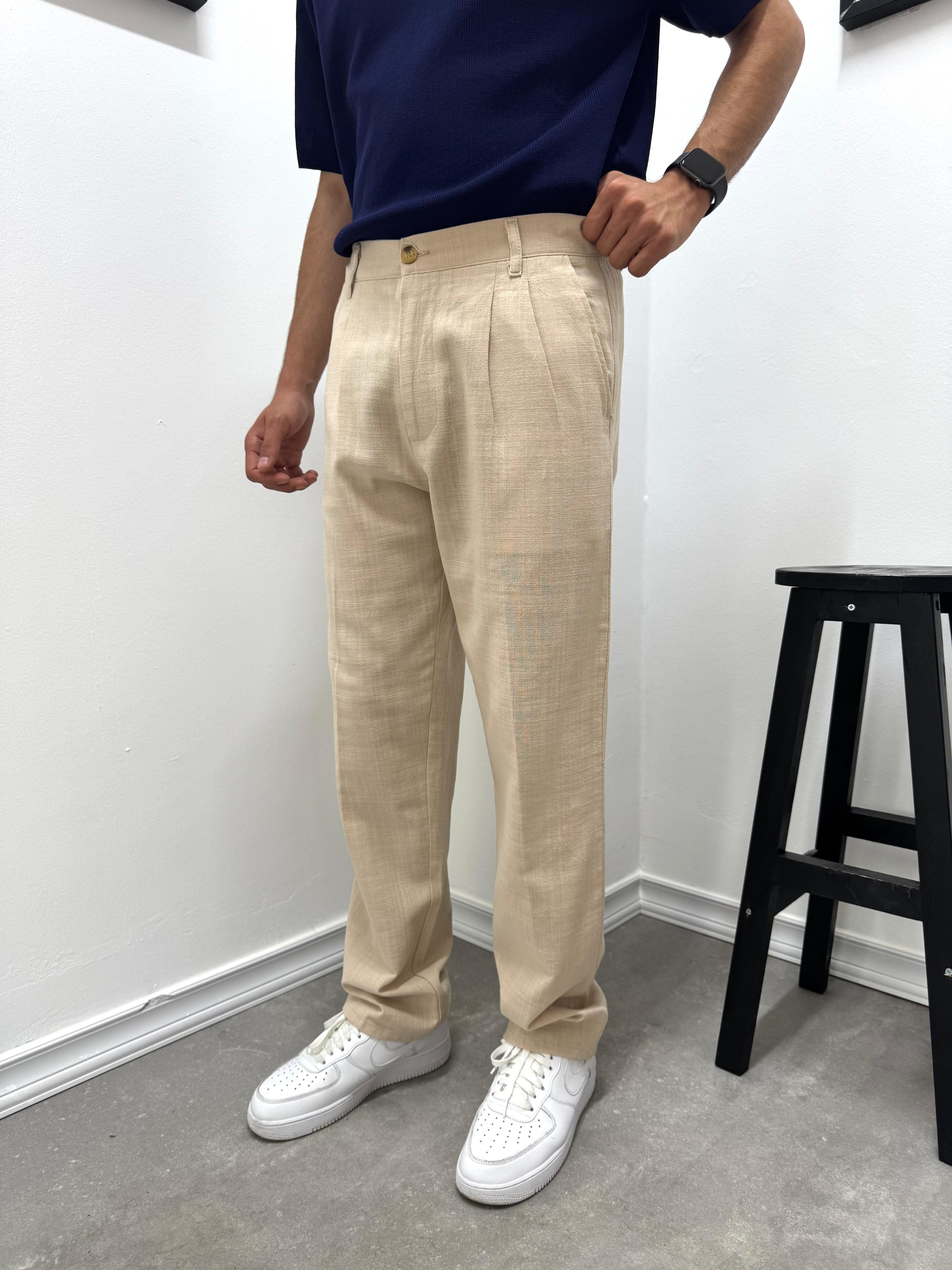 PİLELİ BAGGY KETEN PANTOLON - BEJ