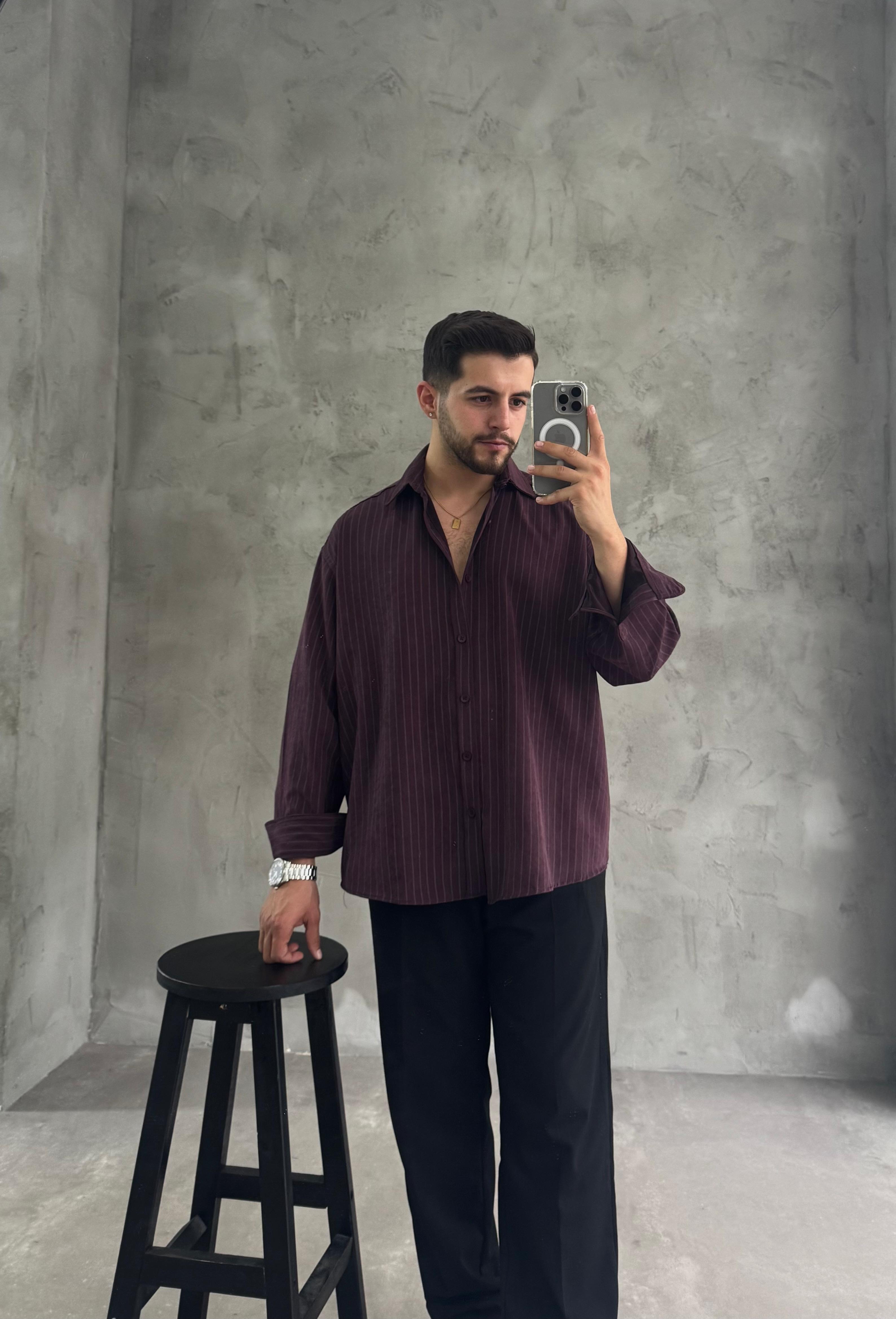 GG Bordo Kışlık Modal Kumaş Çizgili Gömlek