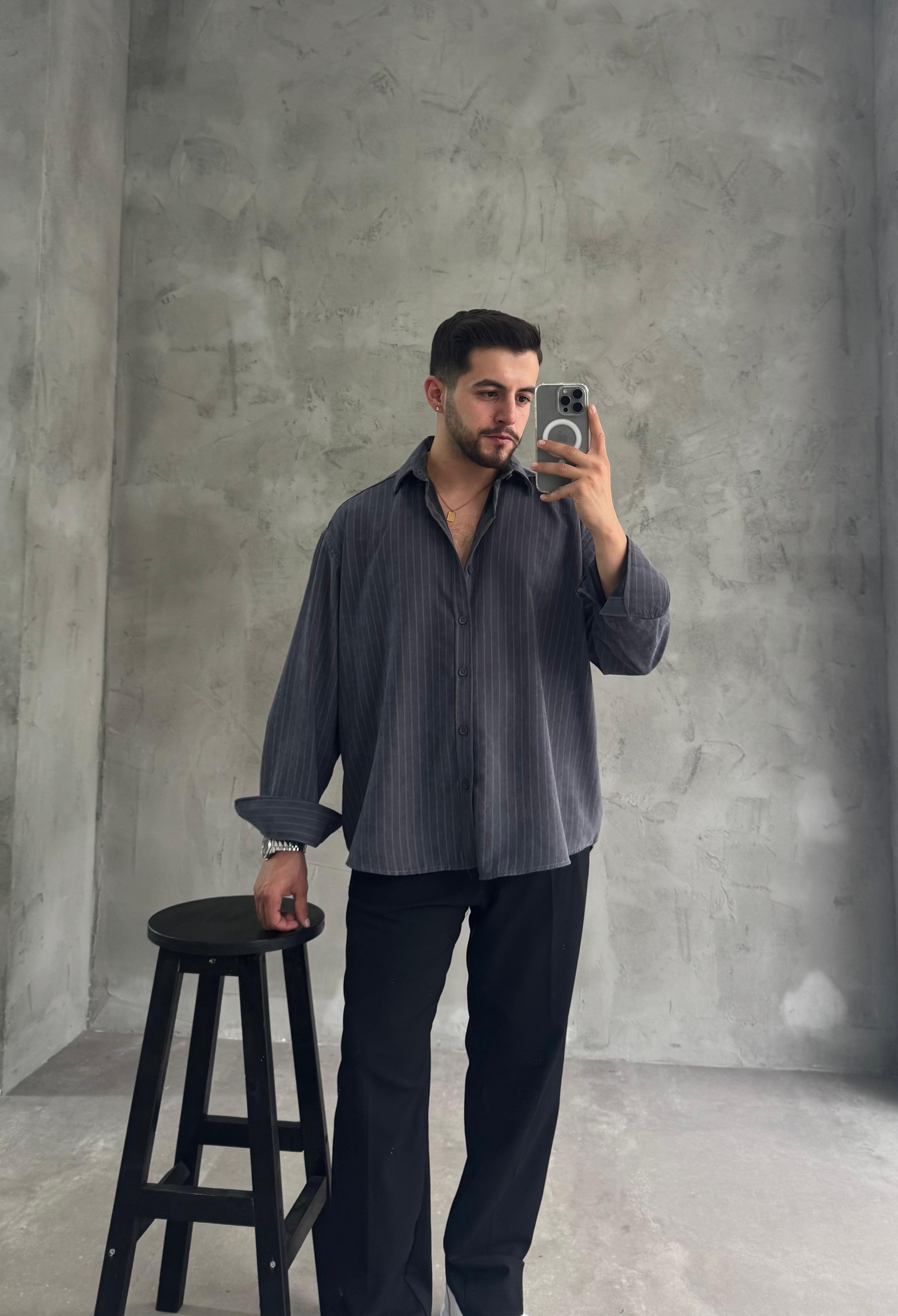 GG Antrasit Kışlık Modal Kumaş Çizgili Gömlek