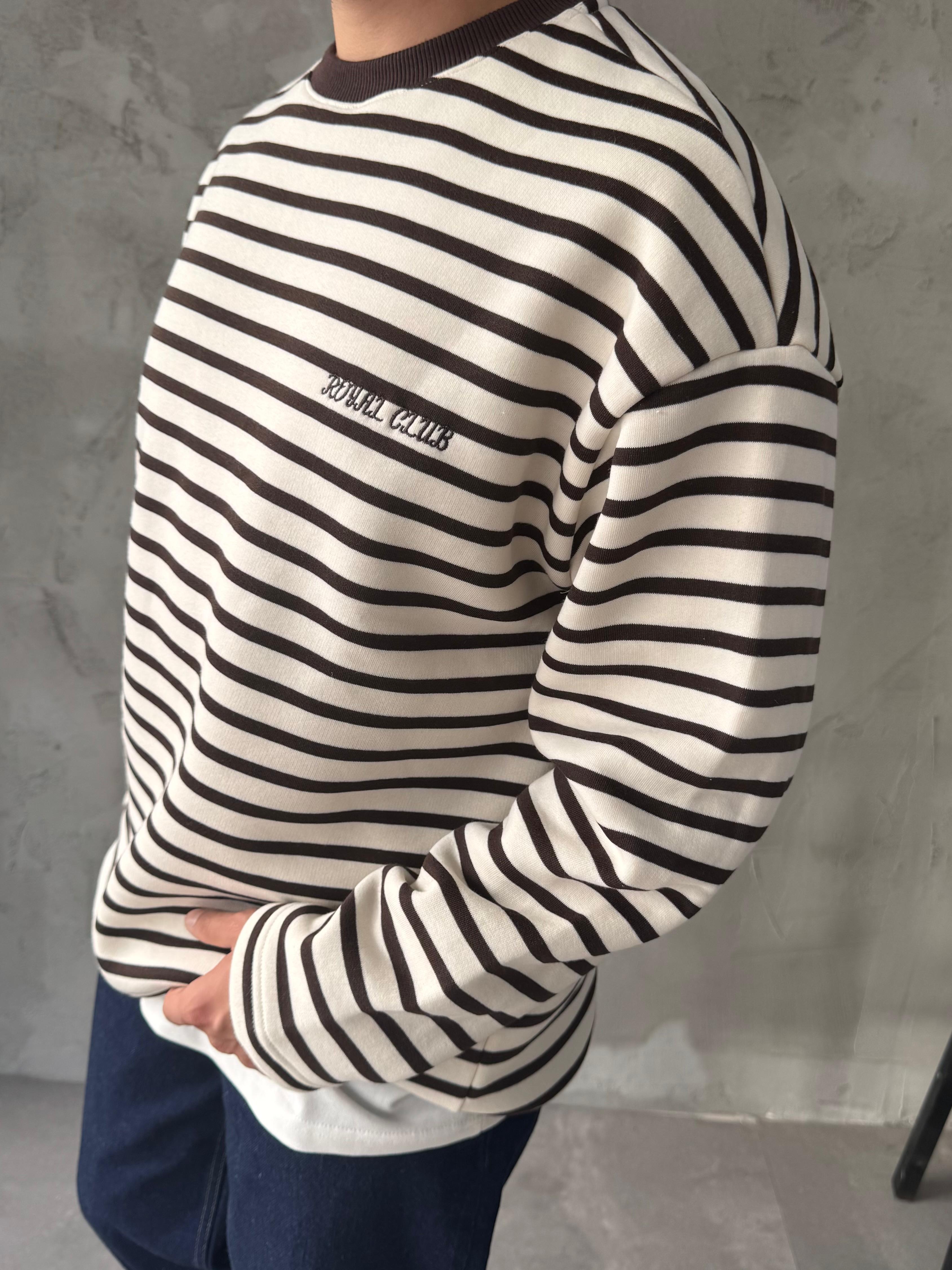 Kahve Royal Club Çizgili Sweatshirt