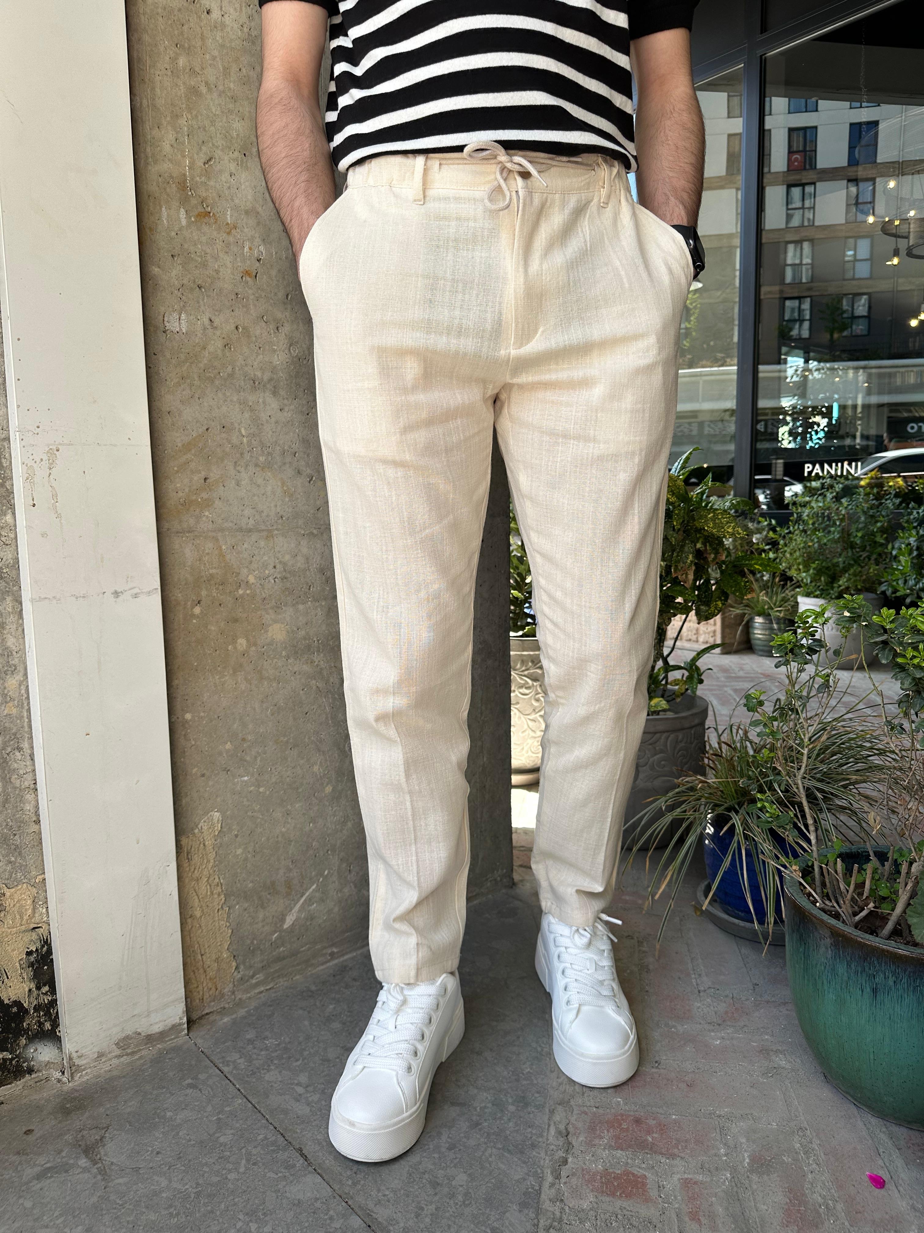 BELİ İPLİ REGULAR KALIP KETEN PANTOLON - KREM