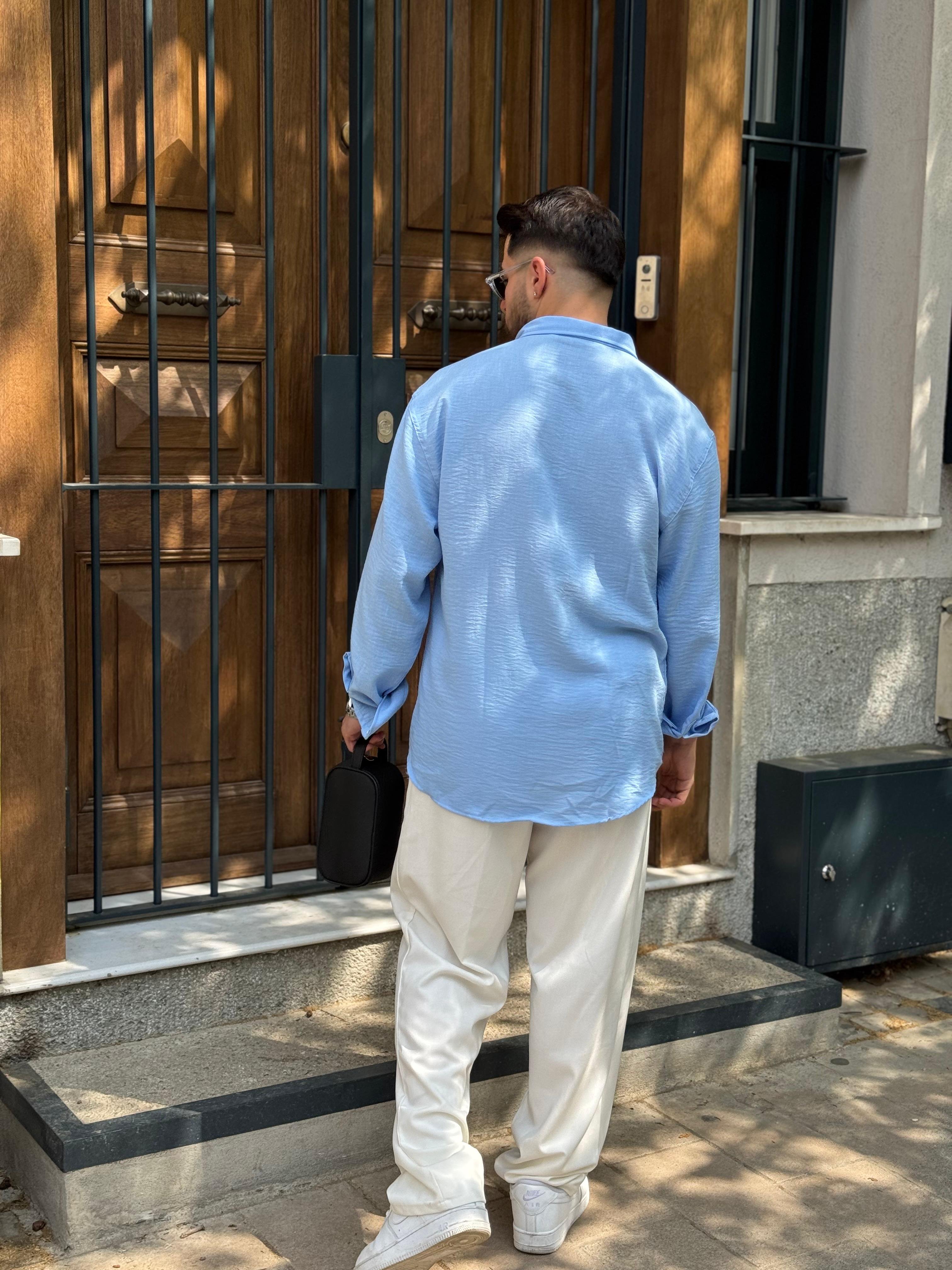 OVERSIZE DÖKÜMLÜ GOBİŞ KETEN GÖMLEK - BEBE MAVİ
