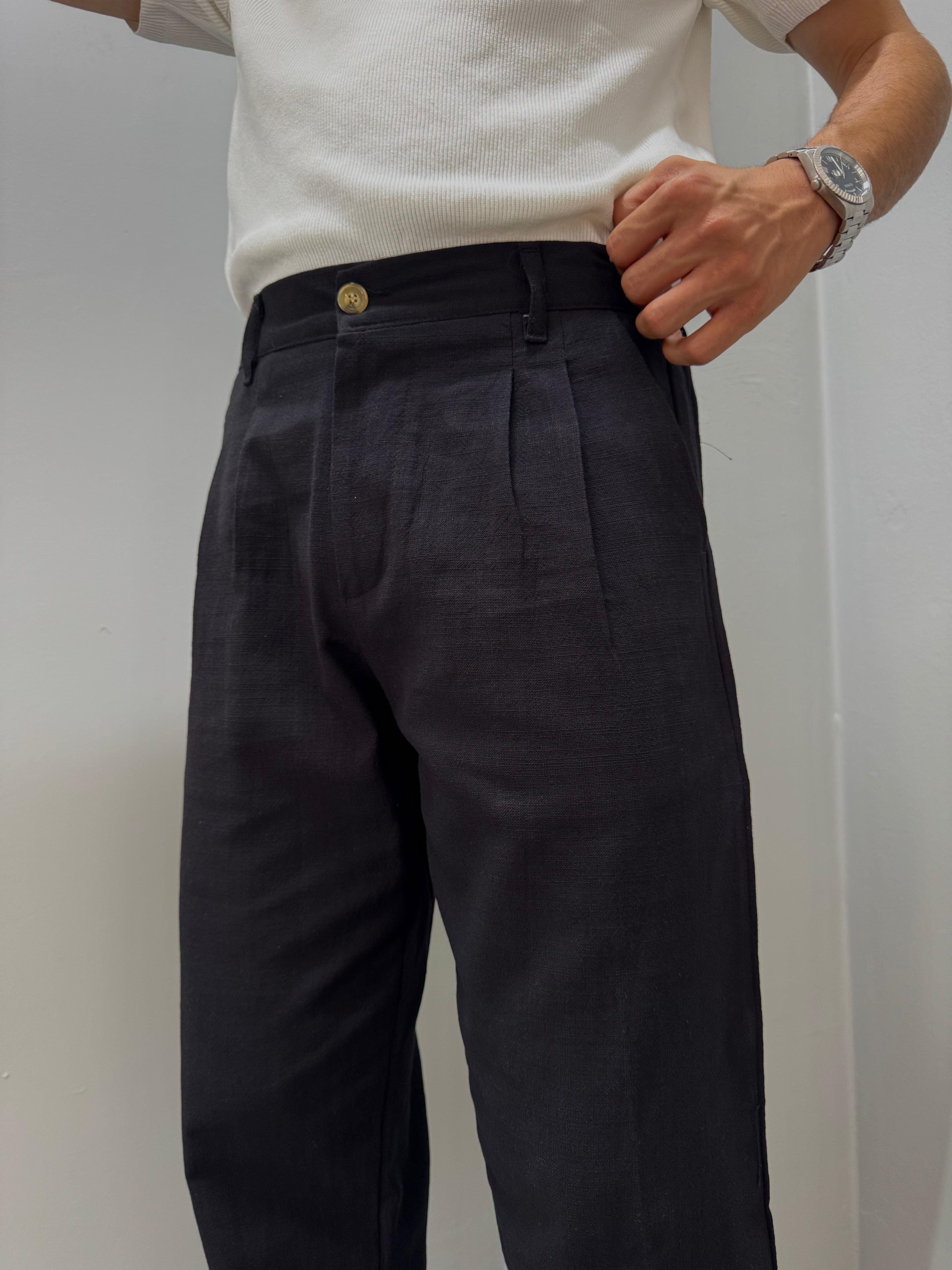 PİLELİ BAGGY KETEN PANTOLON - SİYAH