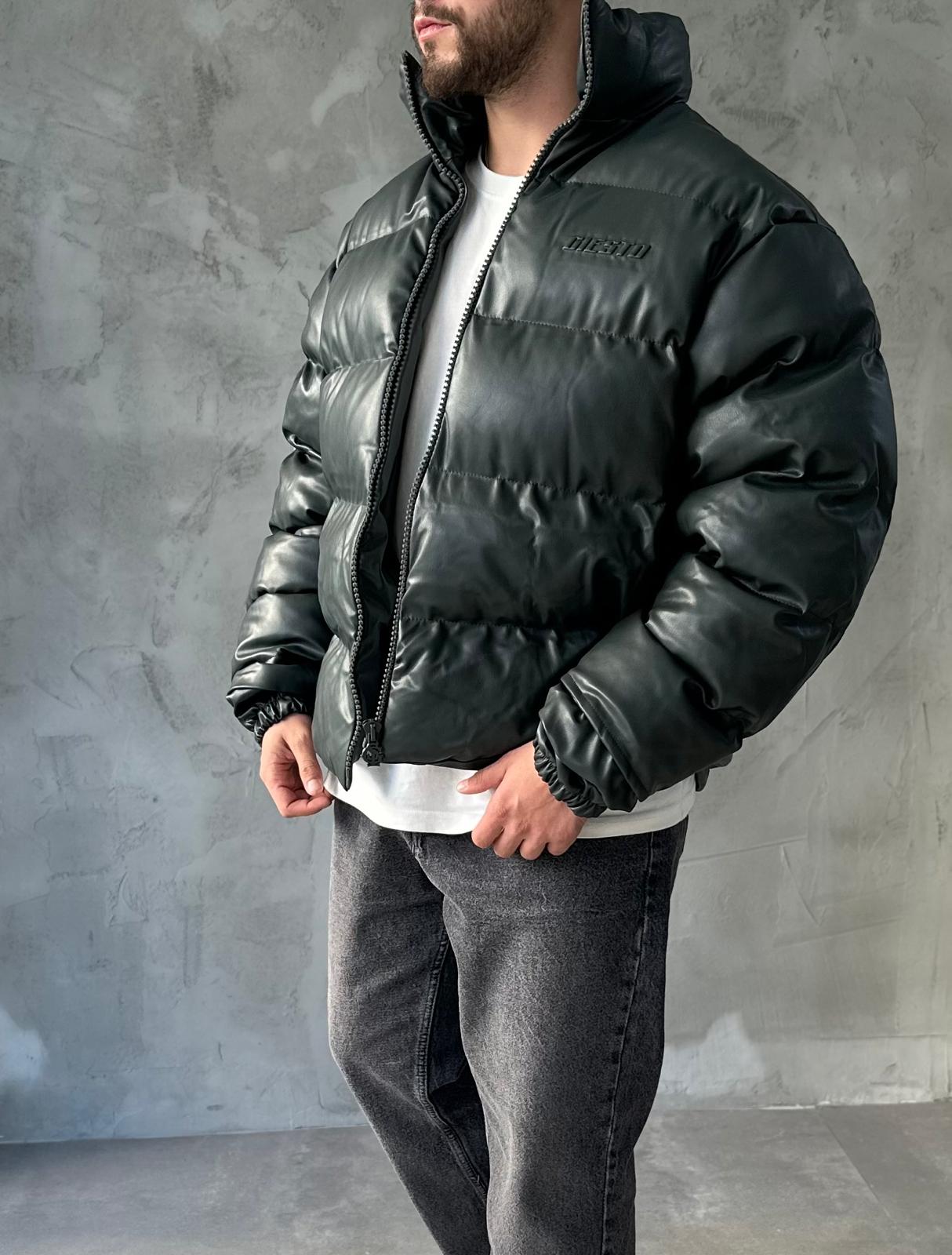 Haki Premium Deri Oversize Şişme Mont 