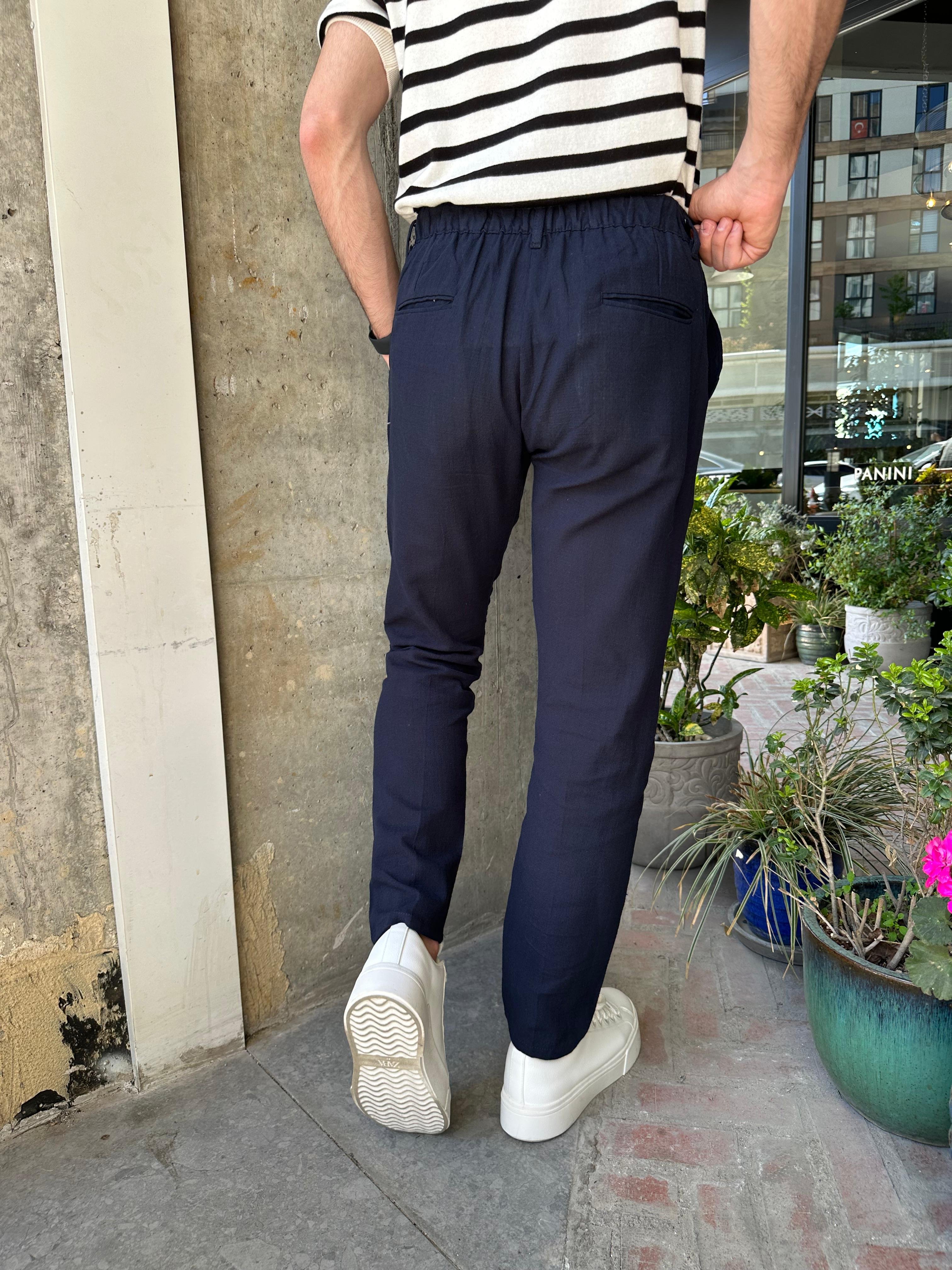 BELİ İPLİ REGULAR KALIP KETEN PANTOLON - LACİVERT