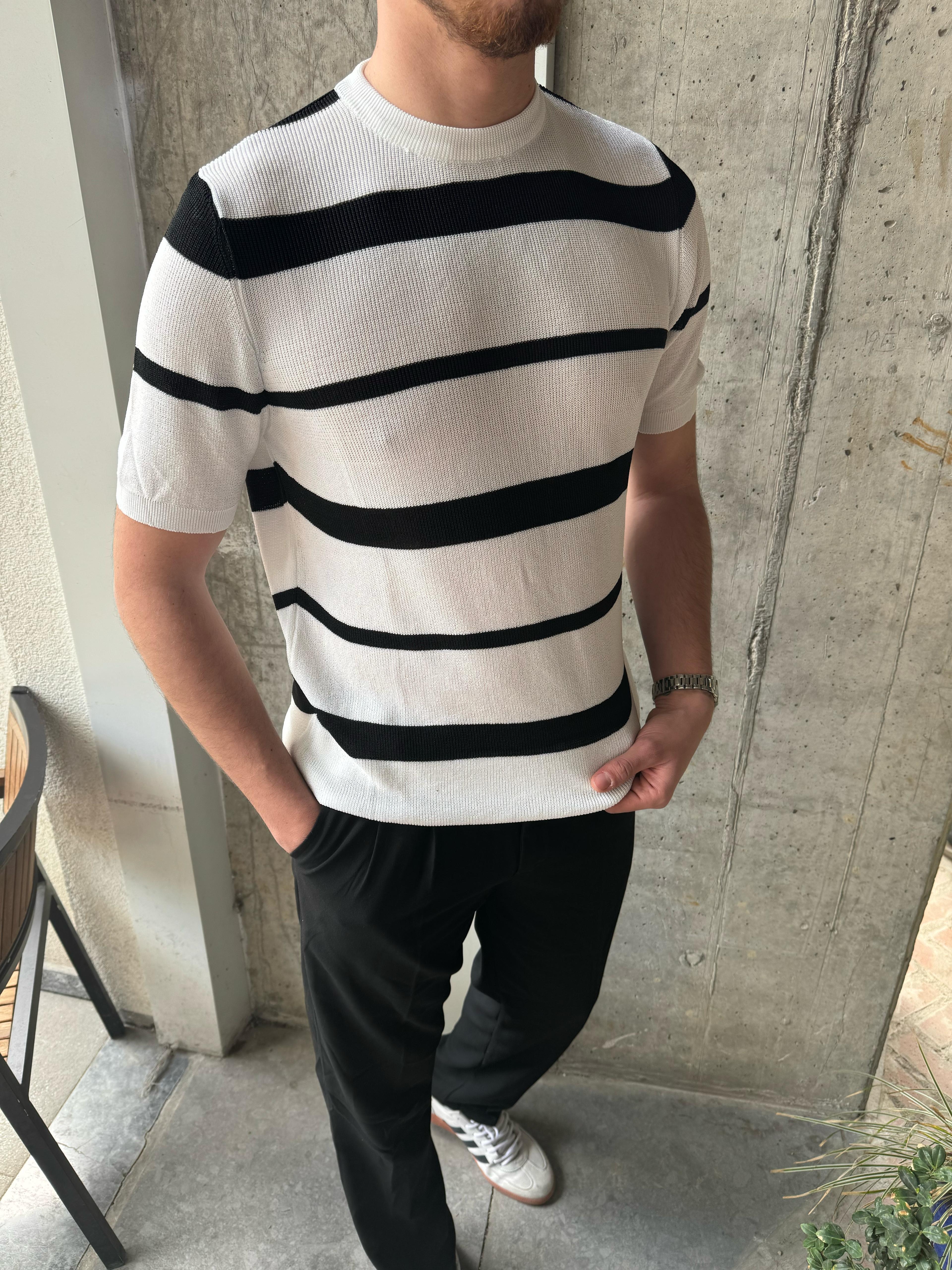 ÇİZGİLİ BİSİKLET YAKA TRİKO T-SHİRT - BEYAZ