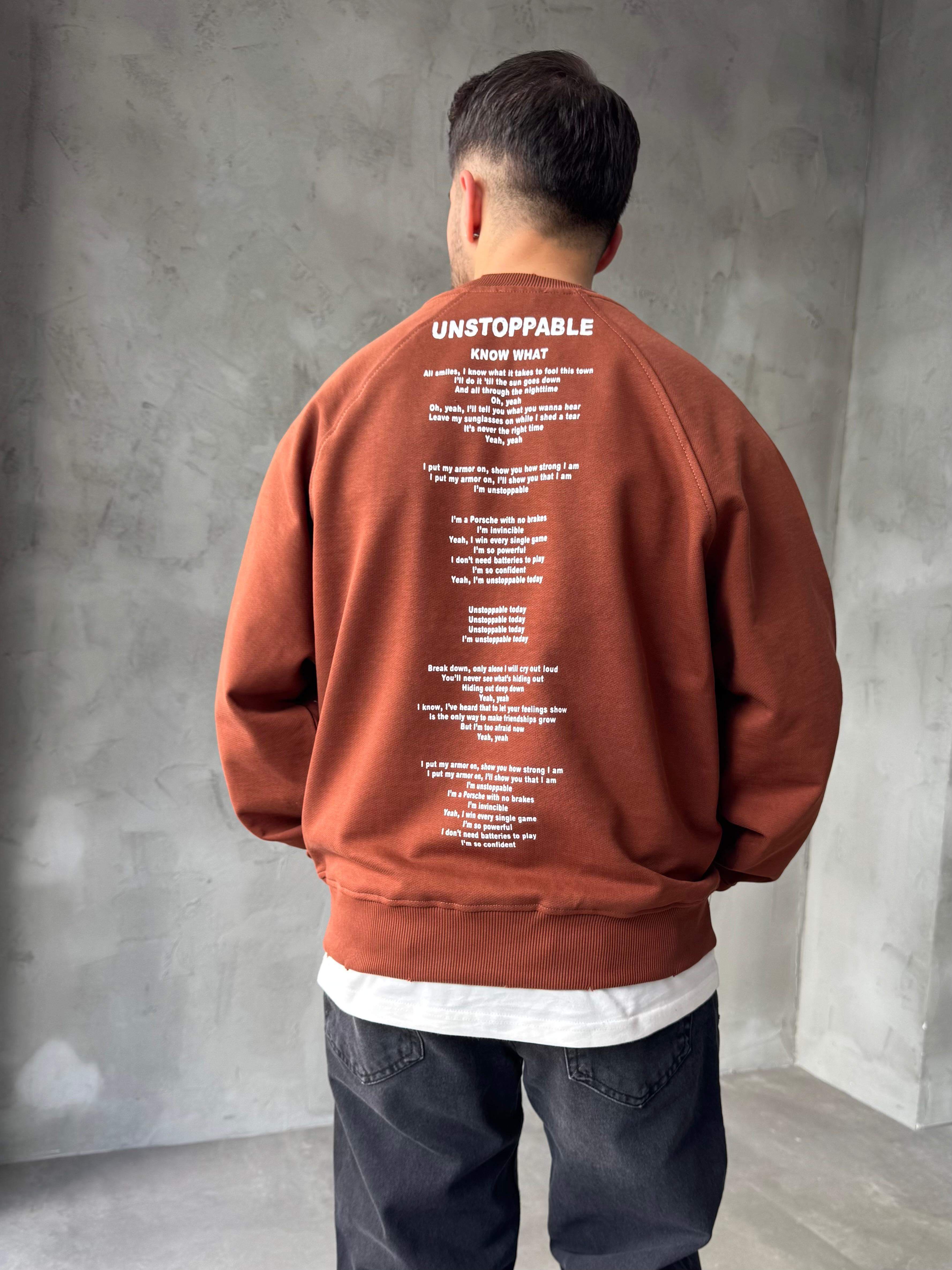 Kahve Unstoppable Baskılı Oversize Sweatshirt