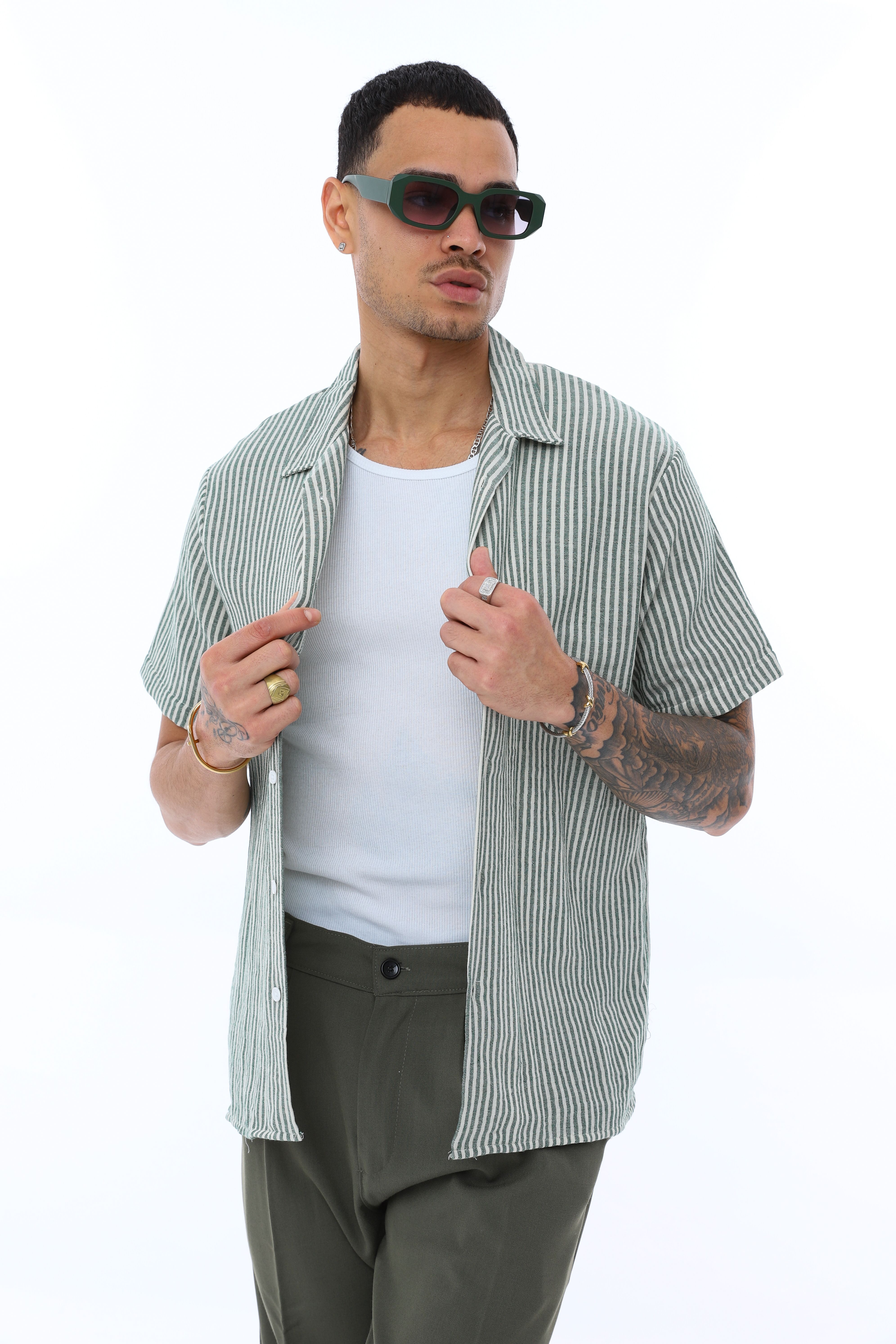 OVERSIZE KALIN ÇİZGİLİ KISA KOLLU GÖMLEK - HAKİ - BEYAZ