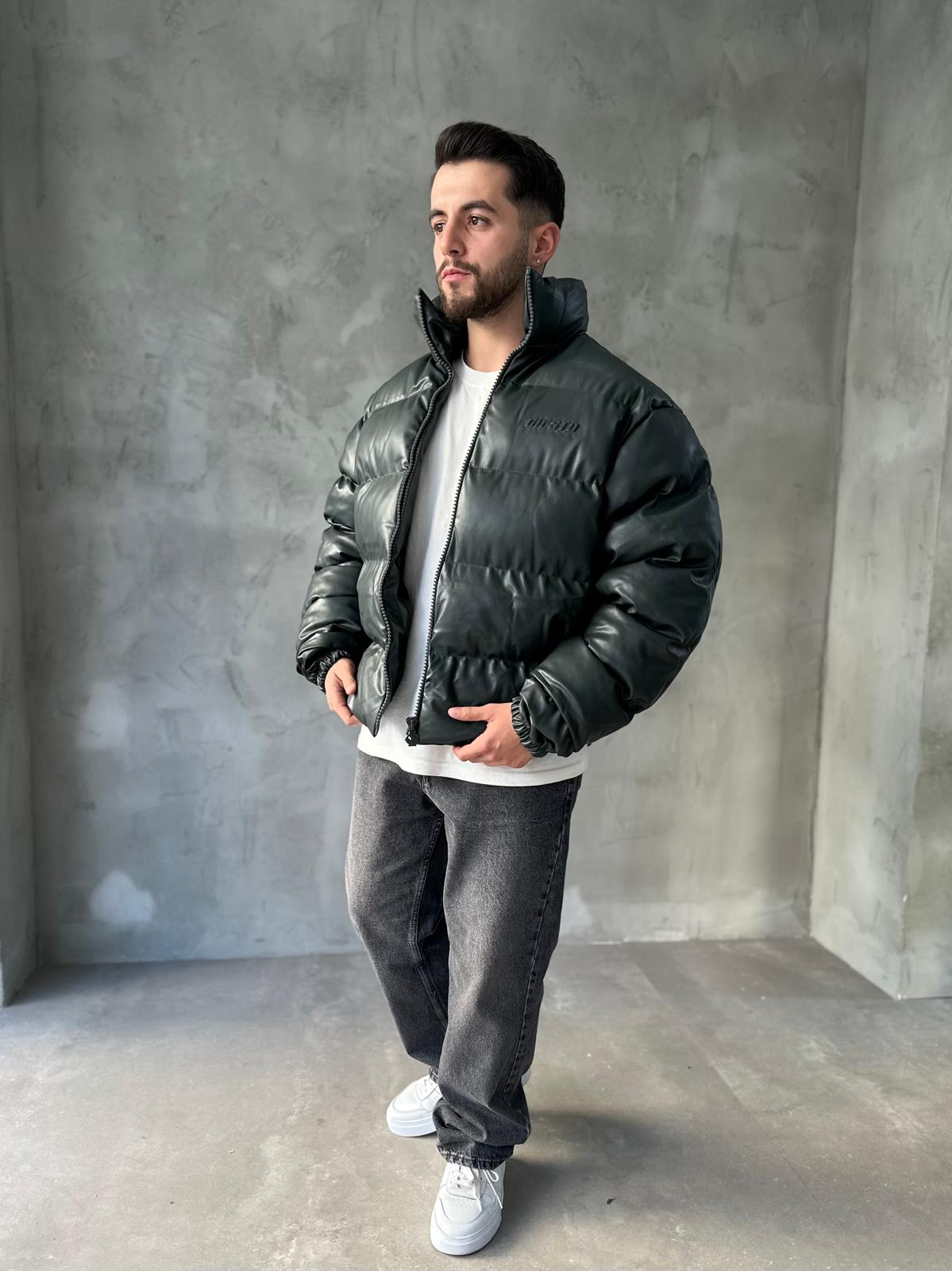 Haki Premium Deri Oversize Şişme Mont 