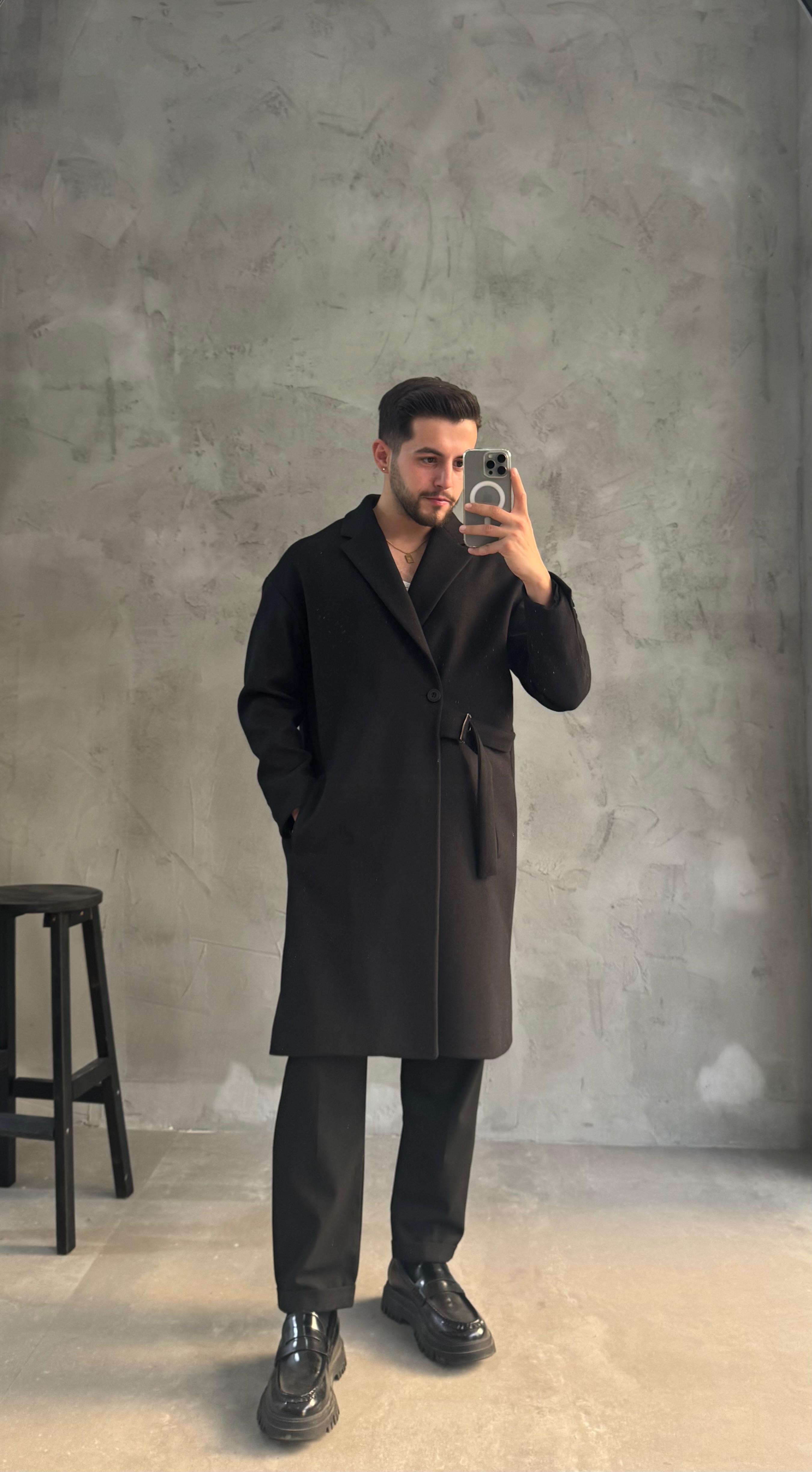 Siyah Premium Kemerli Kaban