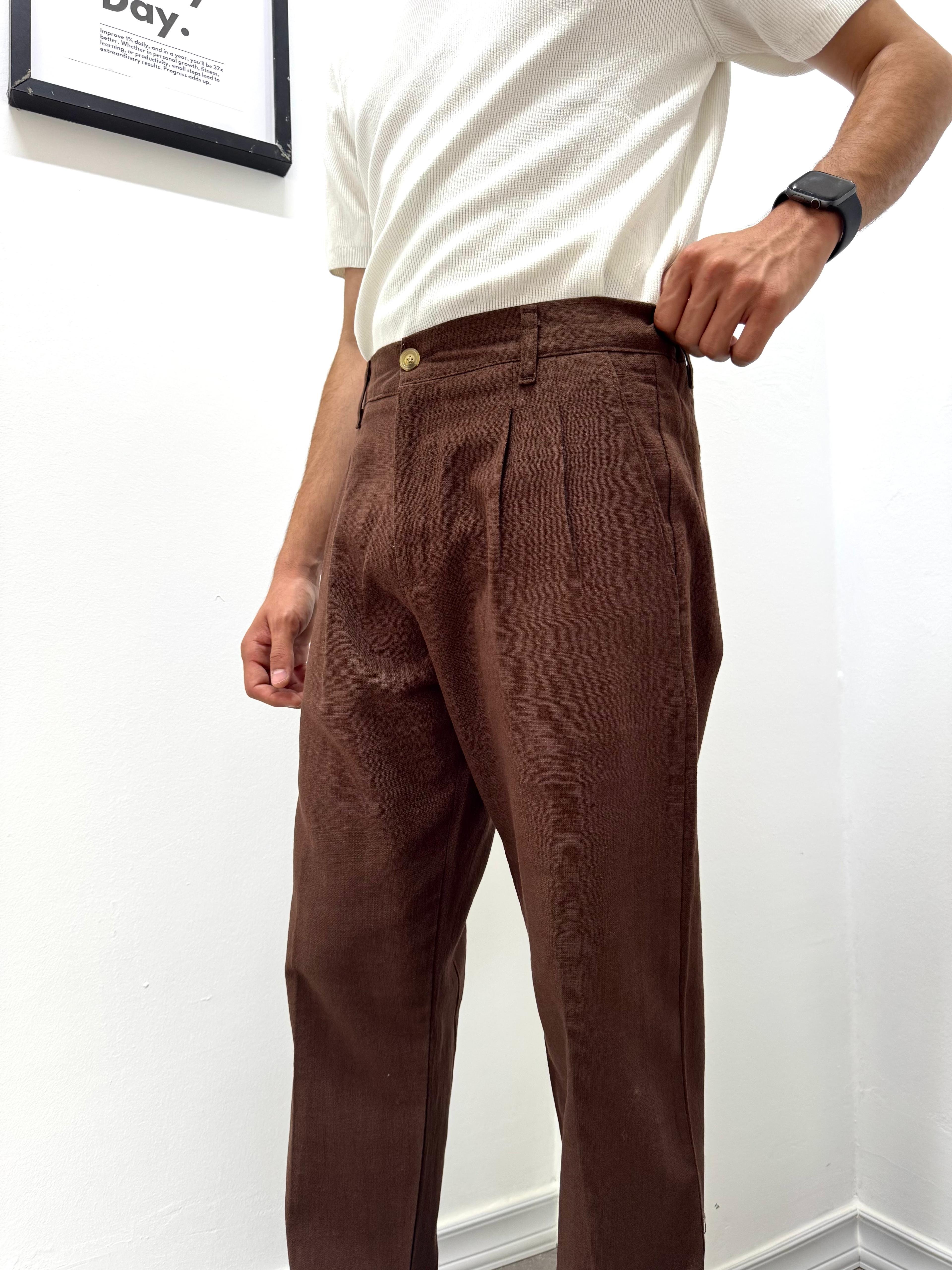 PİLELİ BAGGY KETEN PANTOLON - KAHVE