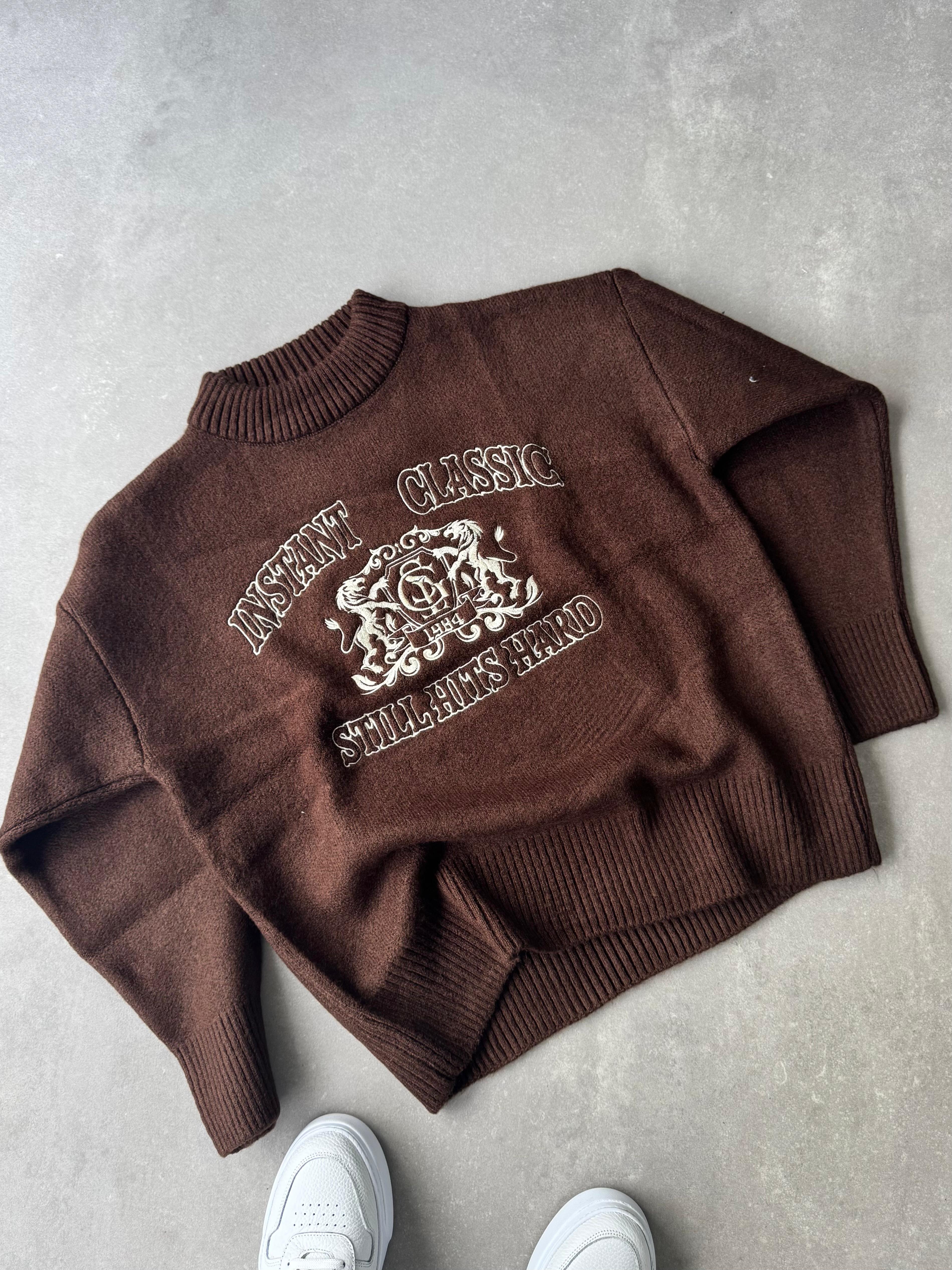 Kahve Instant Nakışlı Oversize Kazak