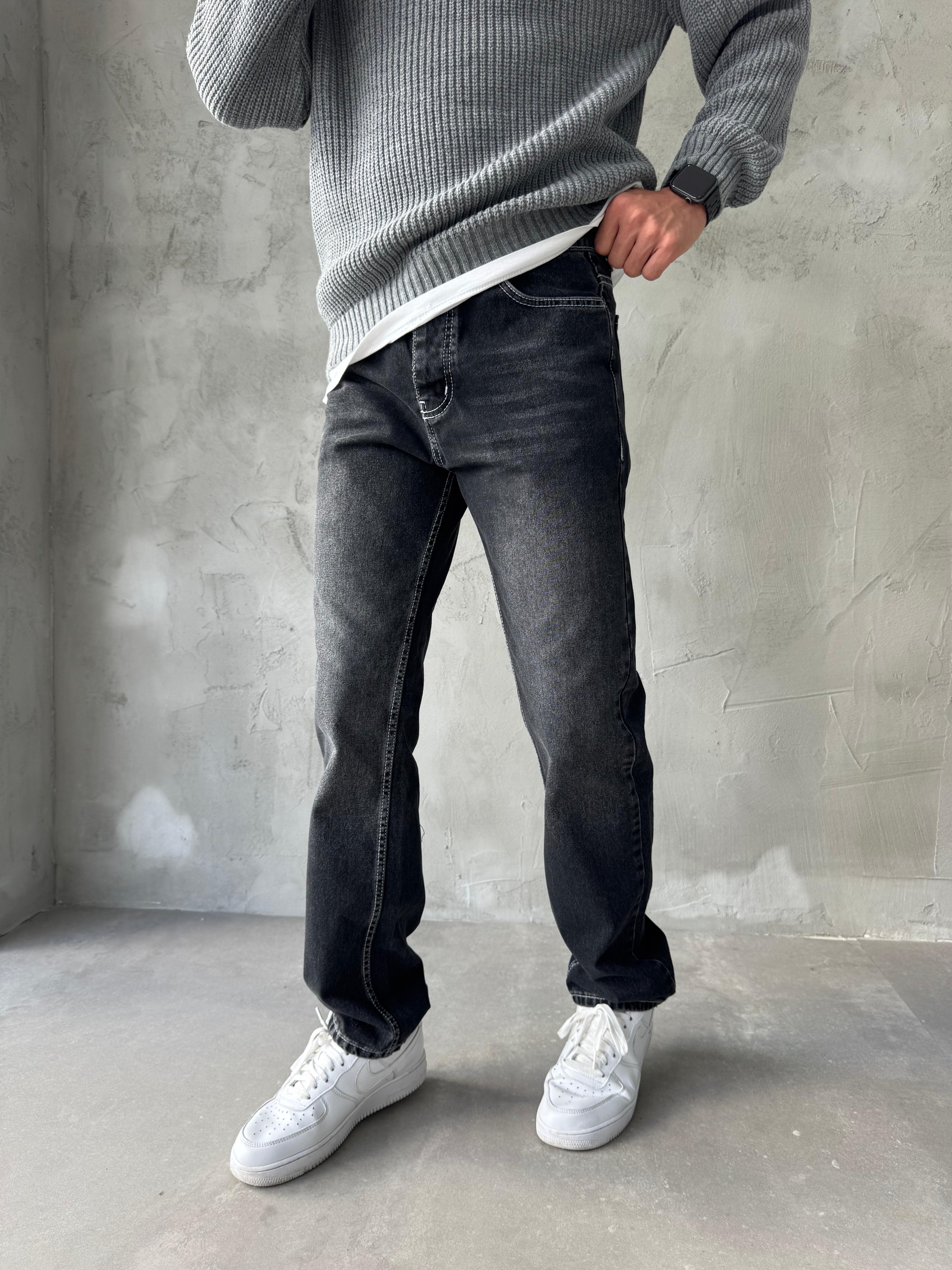 Siyah Dikiş Detaylı Baggy Jean