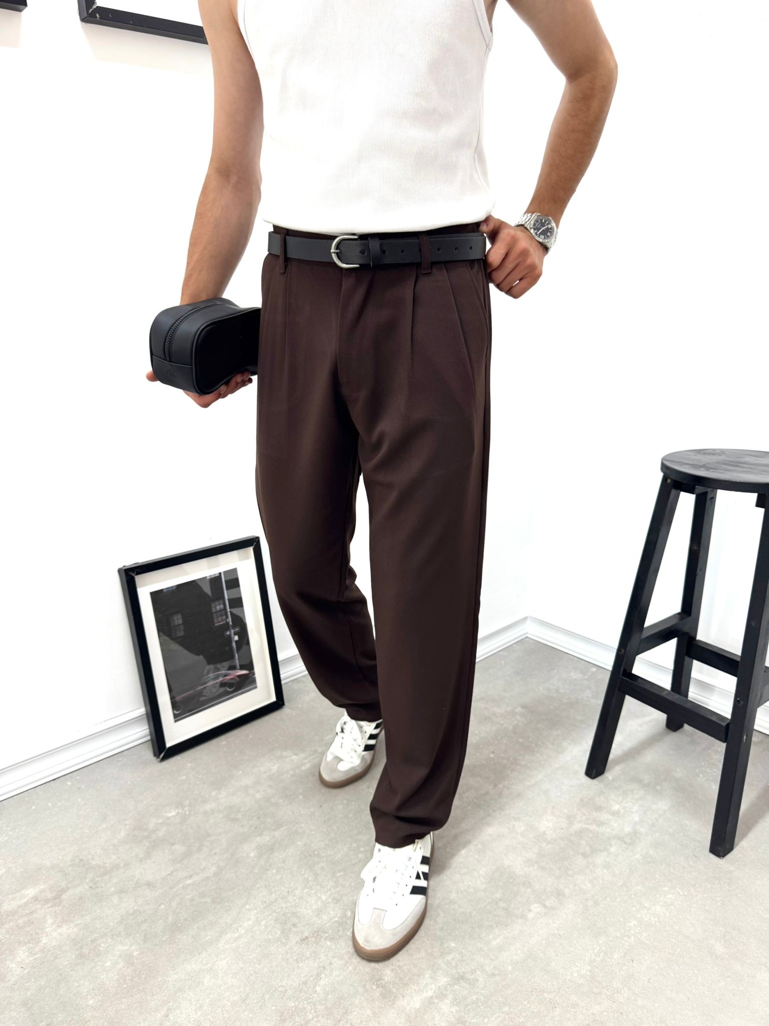 PİLELİ BAGGY KUMAŞ PANTOLON - KAHVERENGİ