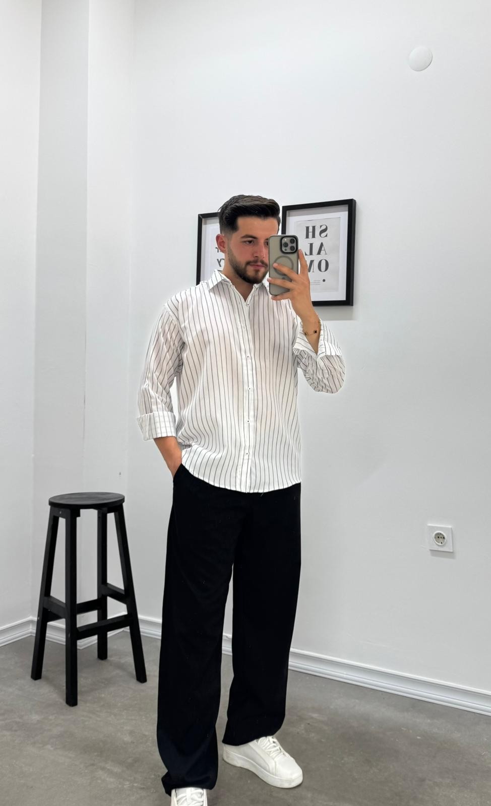 OVERSIZE ÇİZGİLİ GÖMLEK - BEYAZ