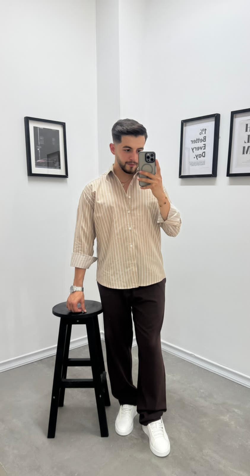 OVERSIZE ÇİZGİLİ GÖMLEK - BEJ