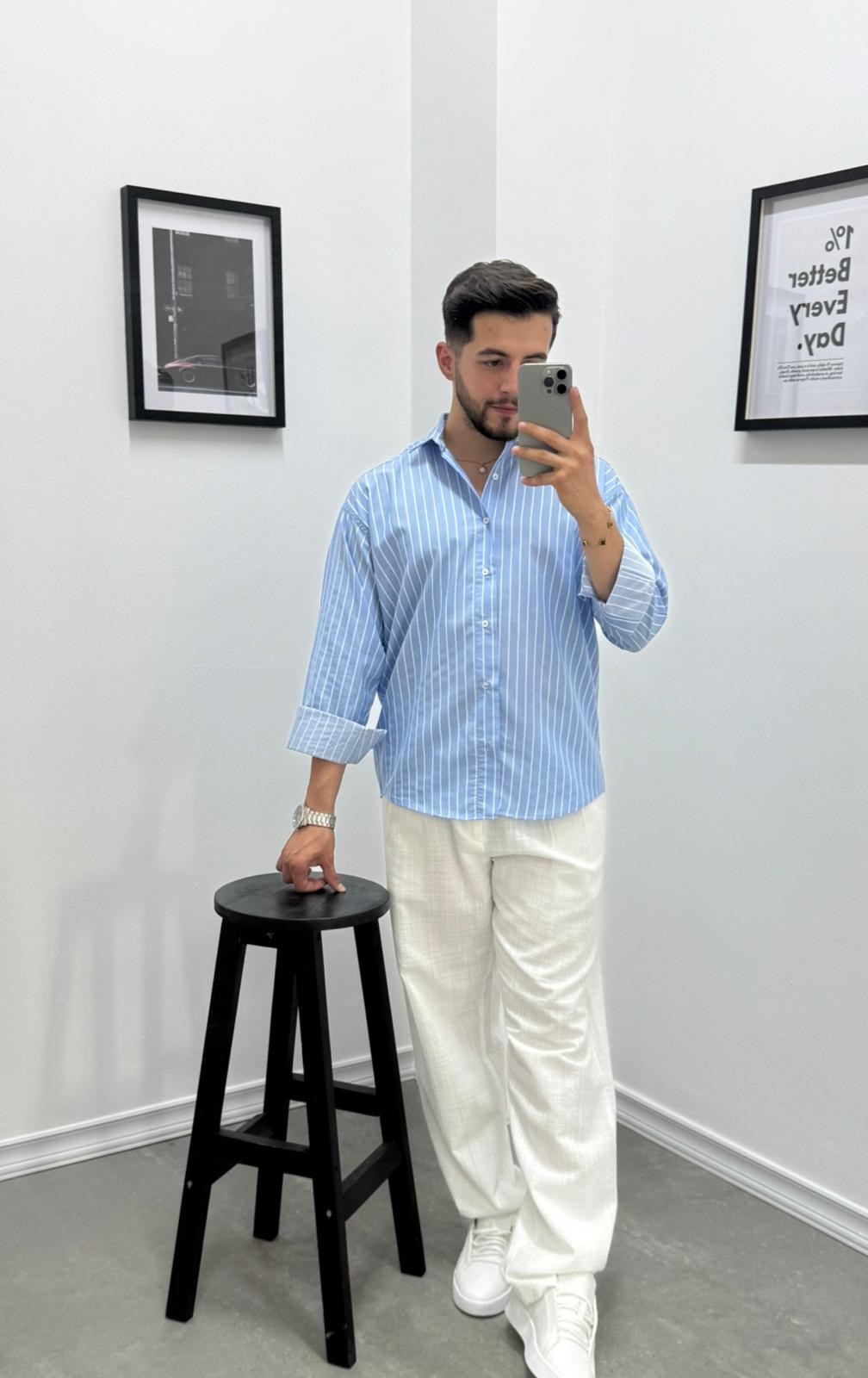 OVERSIZE ÇİZGİLİ GÖMLEK - BEBE MAVİ