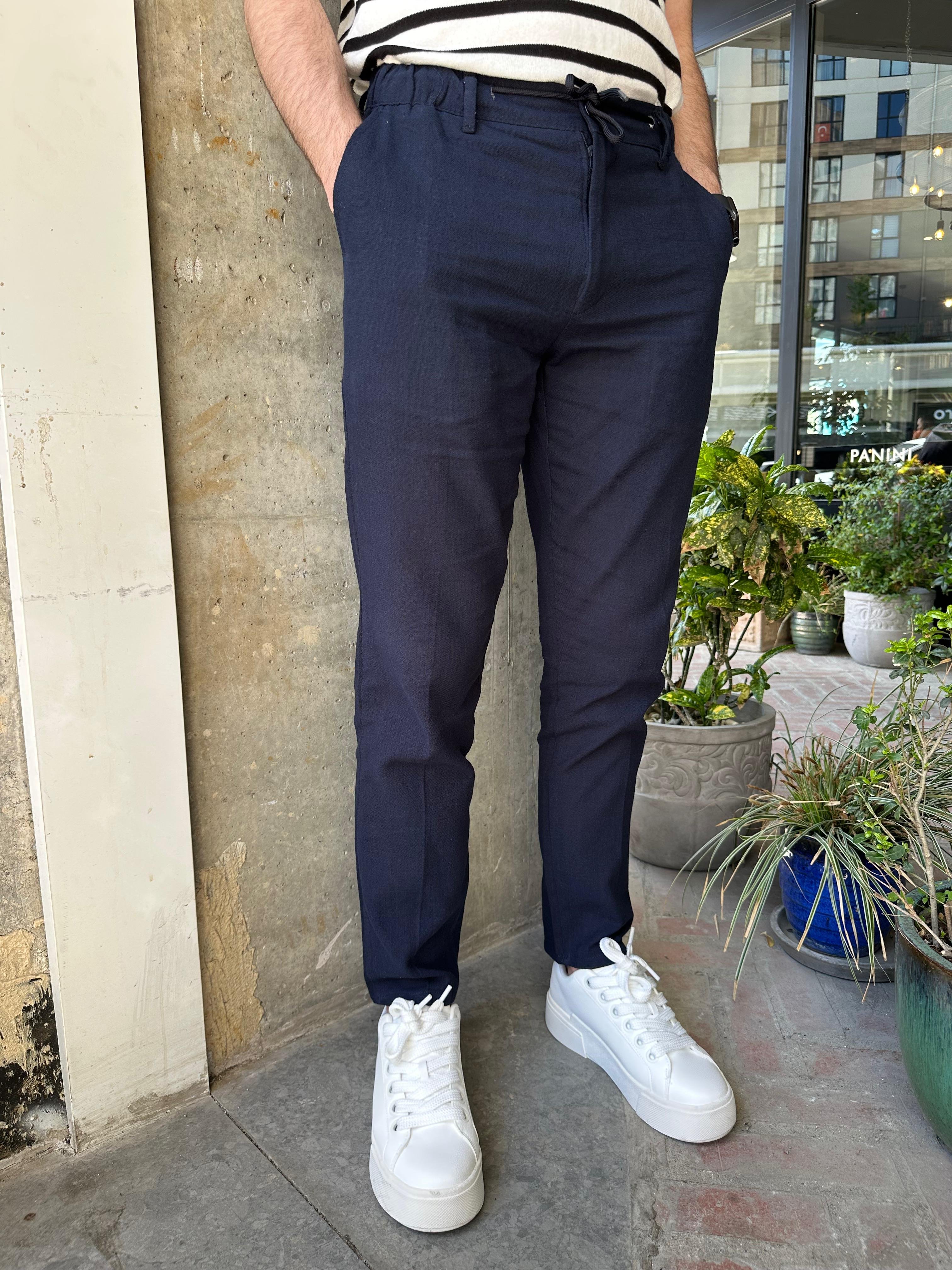 BELİ İPLİ REGULAR KALIP KETEN PANTOLON - LACİVERT