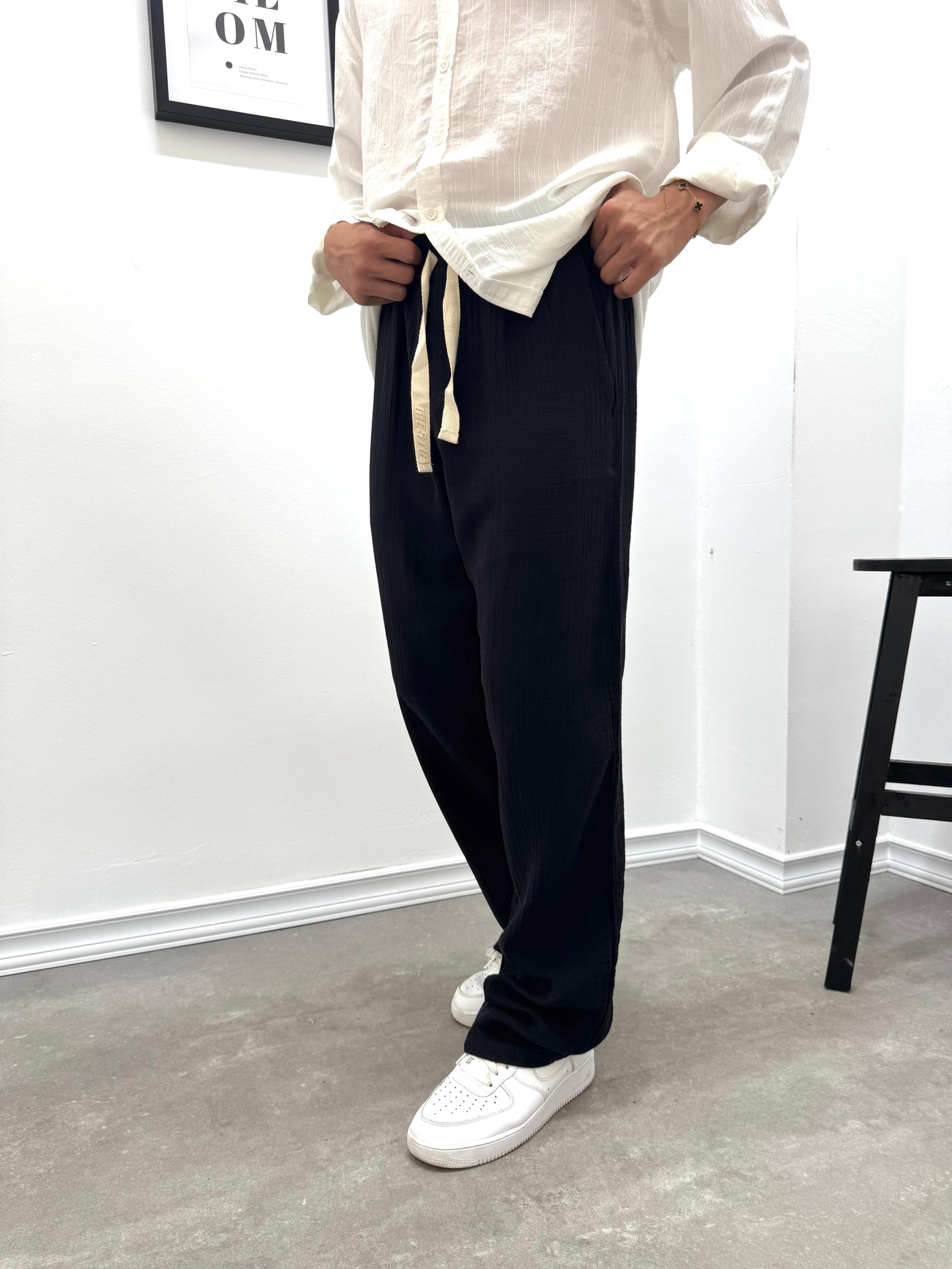 MÜSLİN KUMAŞ BAGGY KALIP PANTOLON - SİYAH