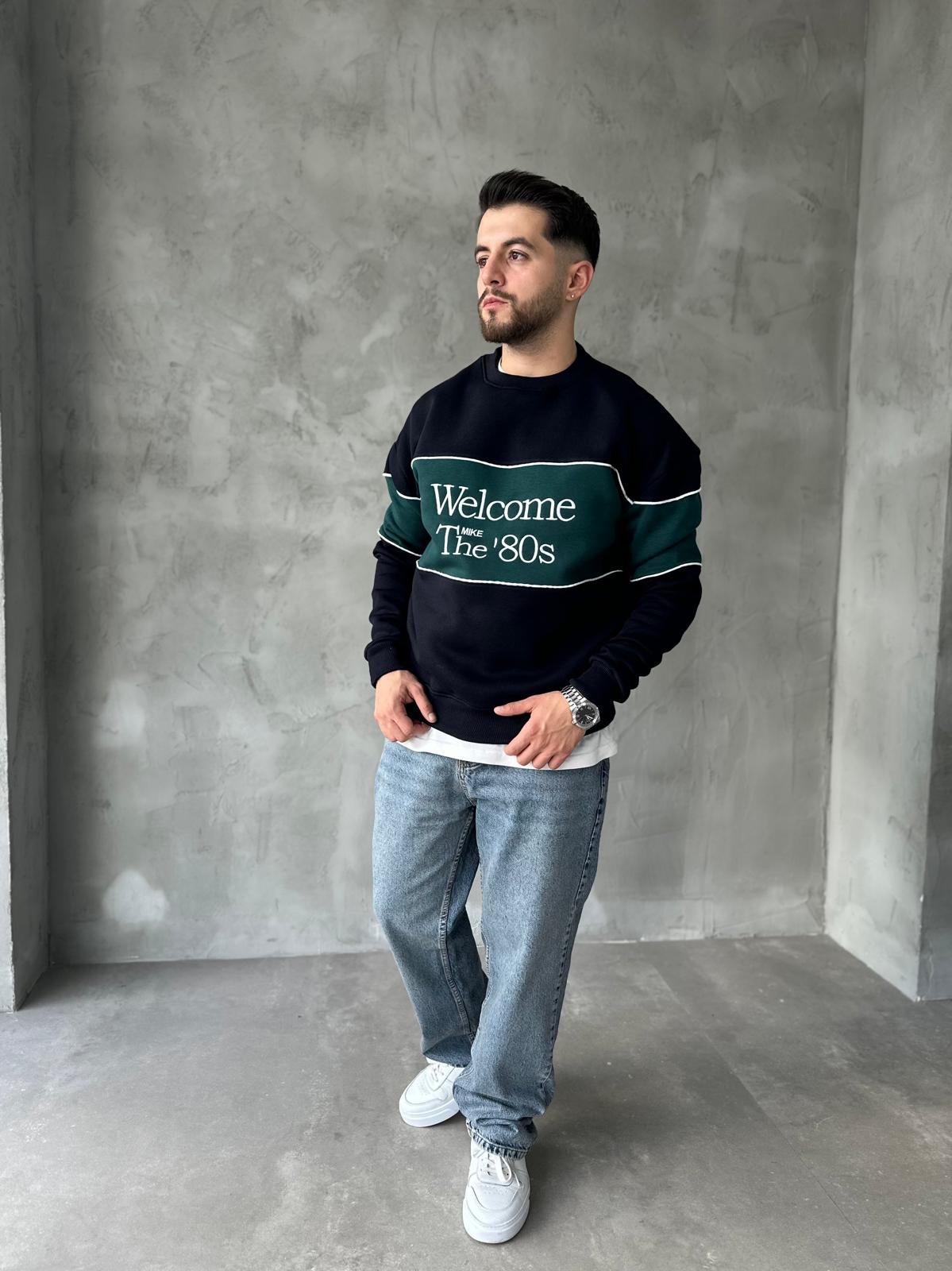 Welcome Nakışlı Koyu Yeşil Sweatshirt