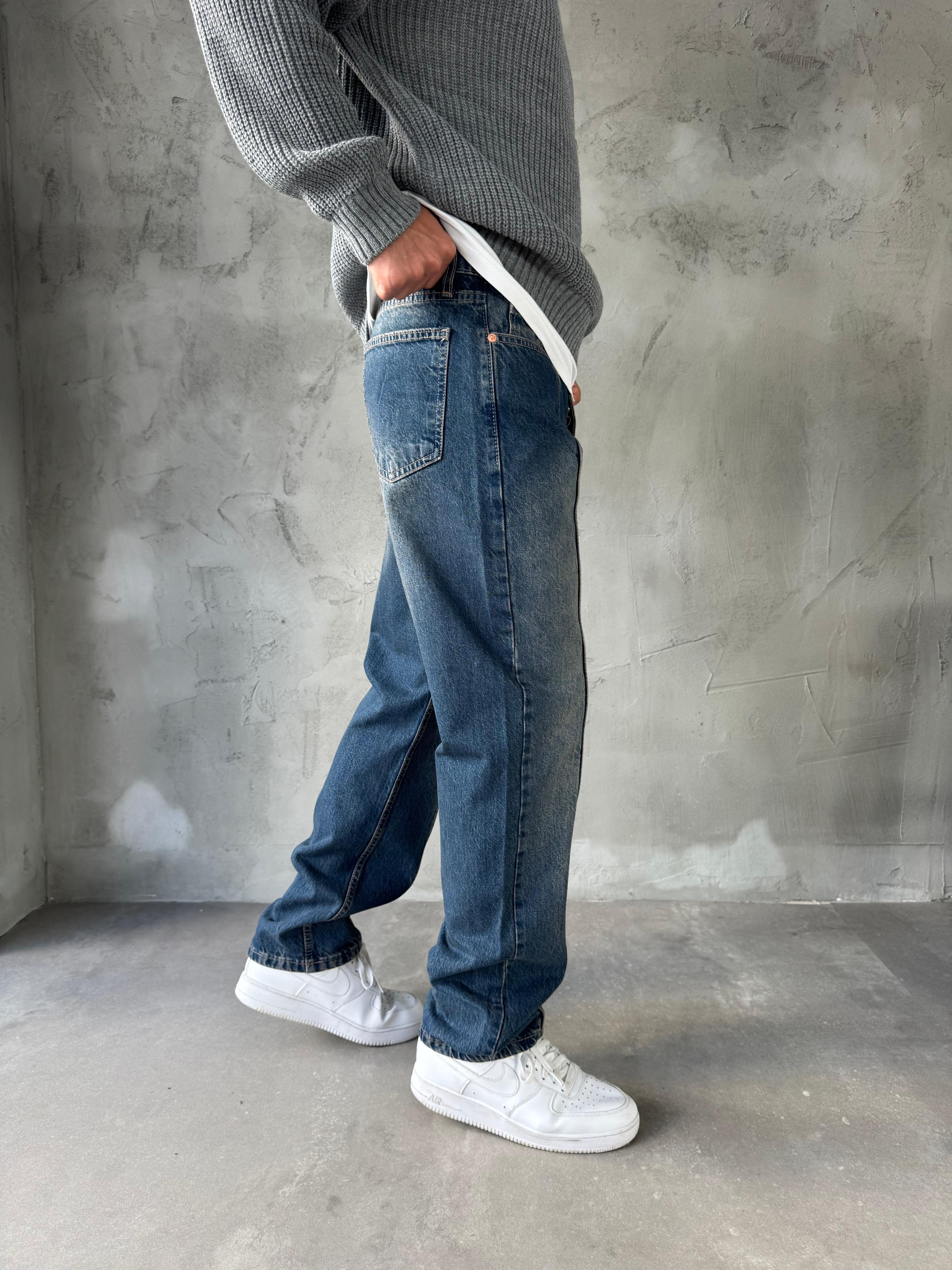 Mavi Yıkamalı Çizgi Detay Baggy Jean