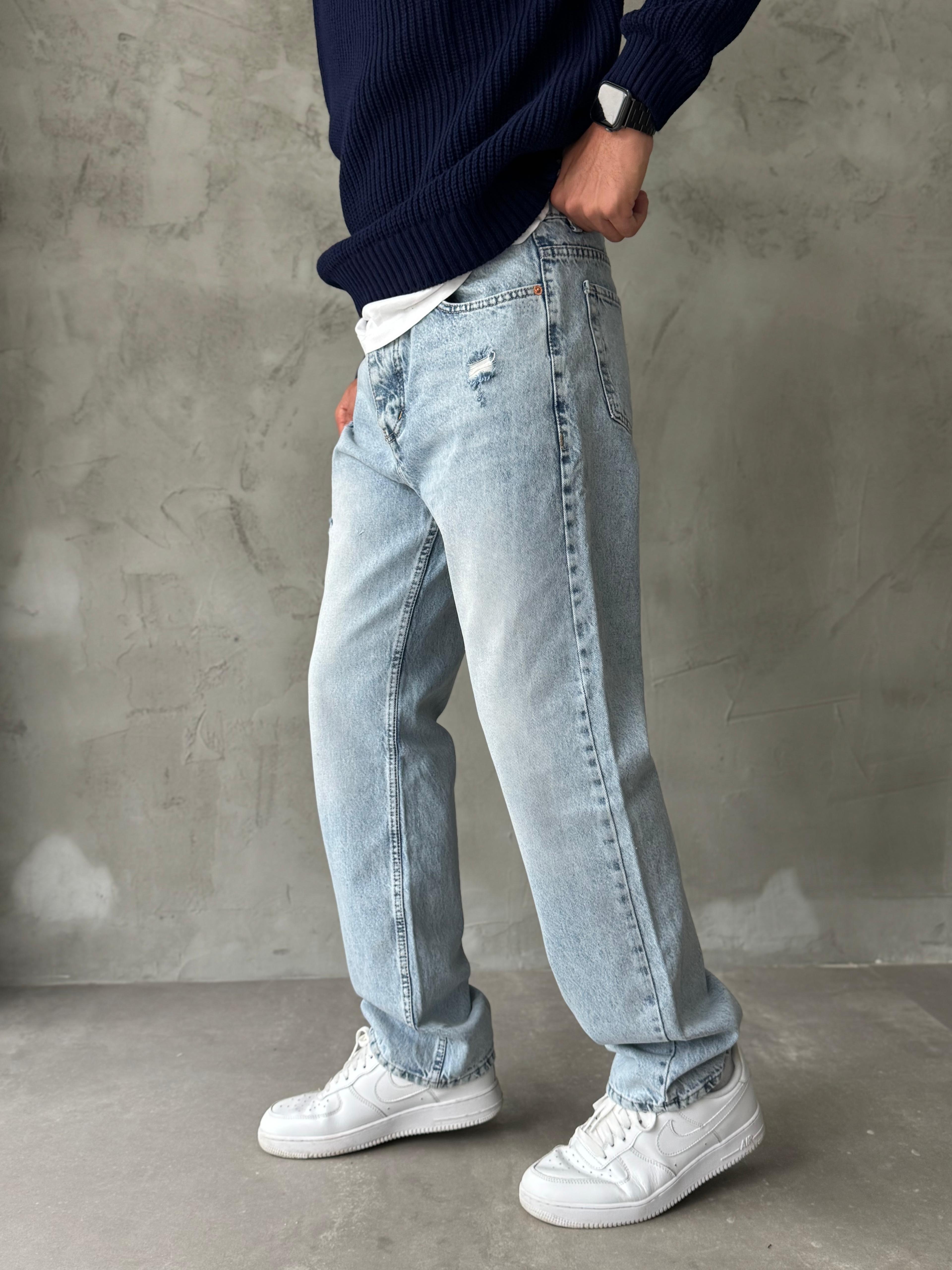 Buz Mavisi Yırtık Detaylı Taşlamalı Baggy Jean