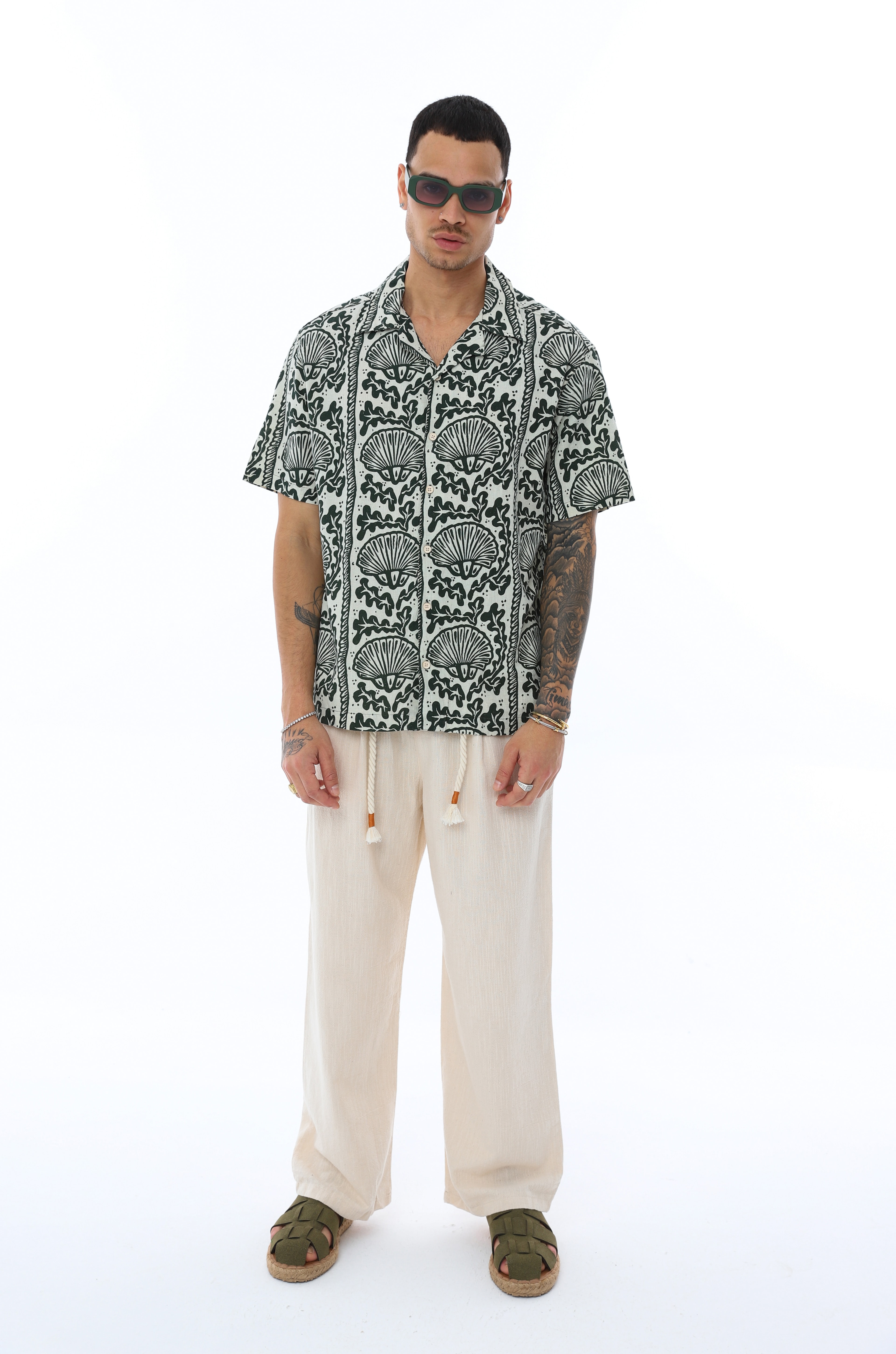 DESENLİ KISA KOLLU KETEN GÖMLEK - HAKİ