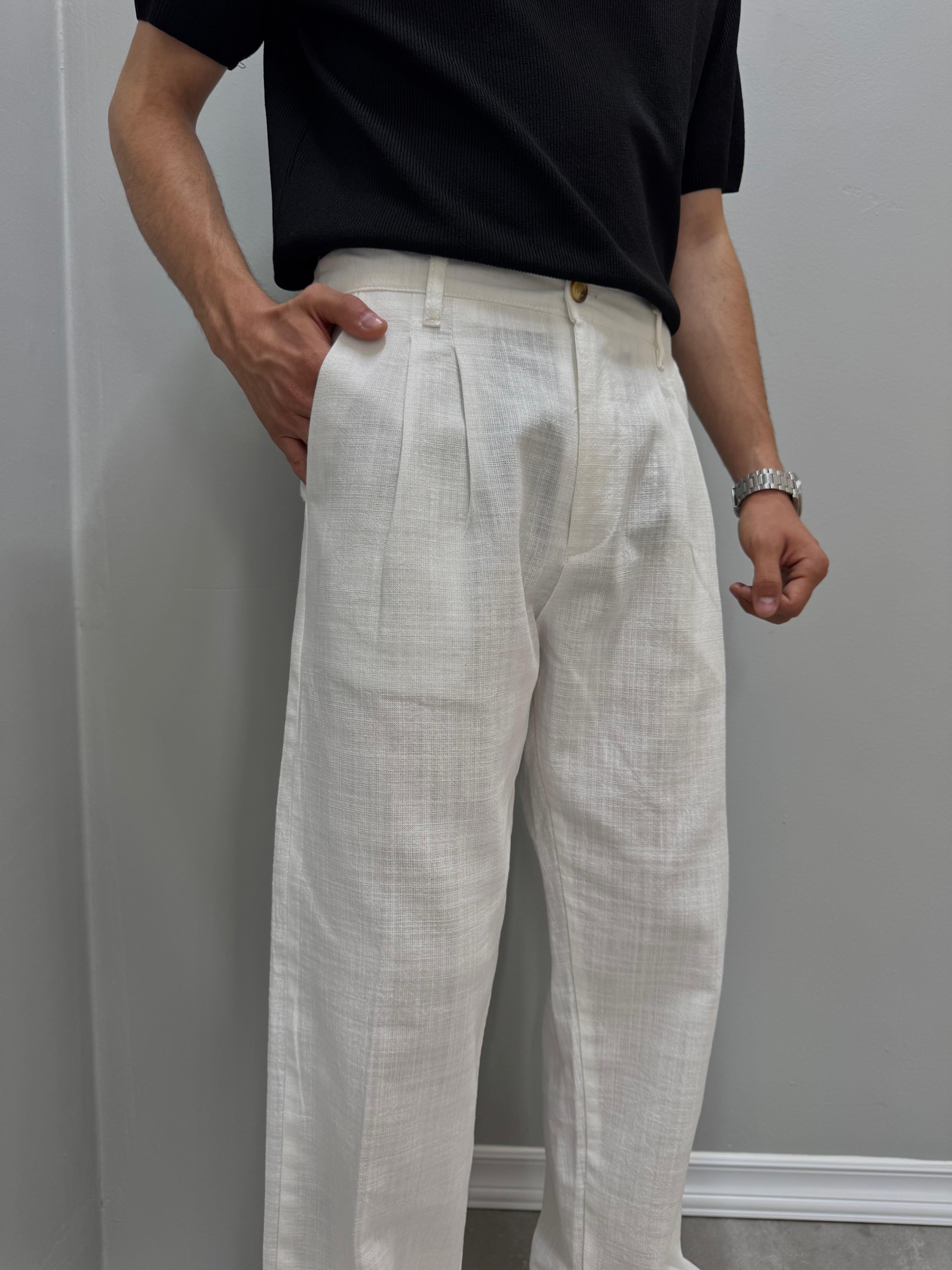 PİLELİ BAGGY KETEN PANTOLON - BEYAZ
