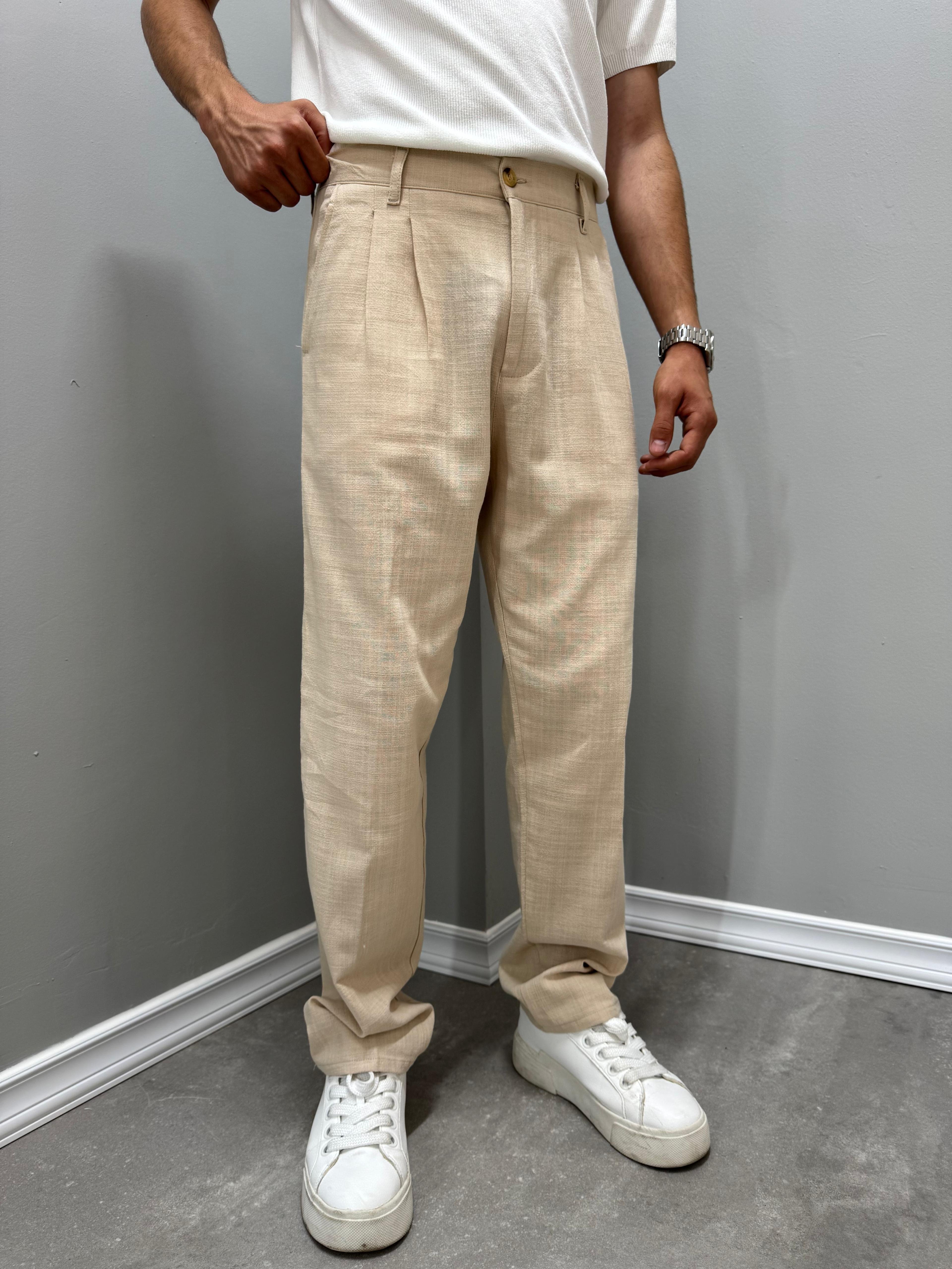 PİLELİ BAGGY KETEN PANTOLON - BEJ