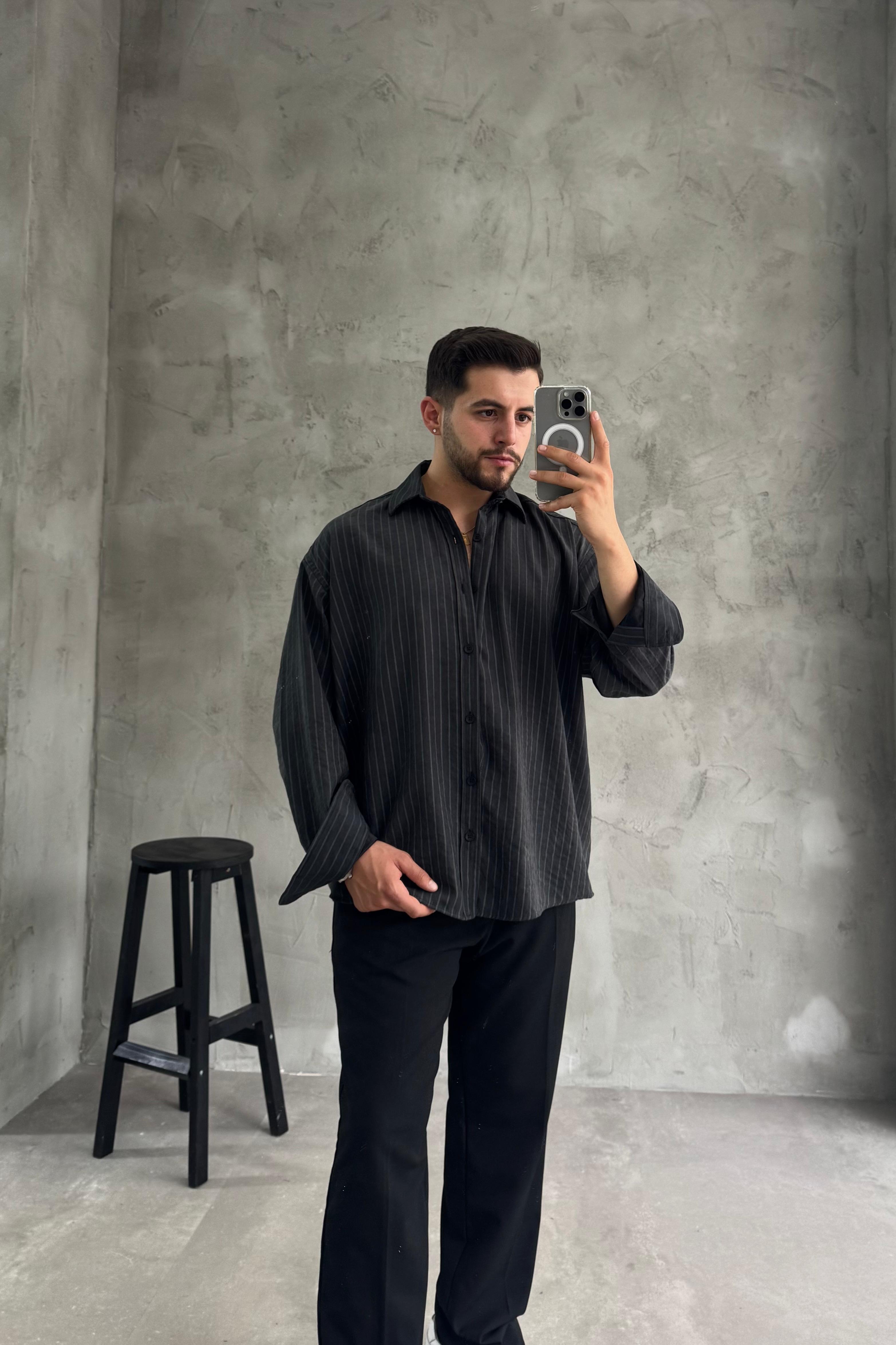 GG Siyah Kışlık Modal Kumaş Çizgili Gömlek