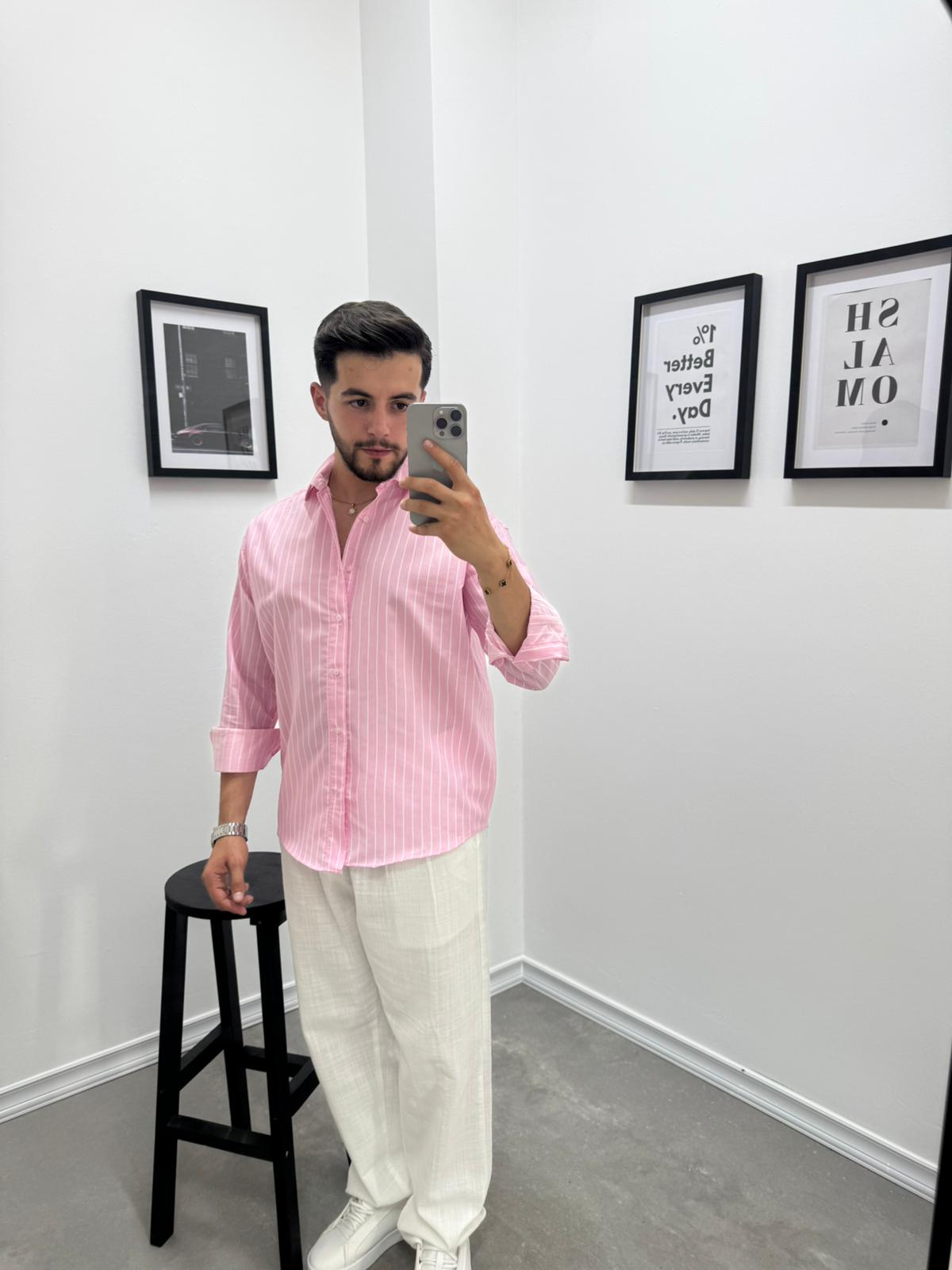 OVERSIZE ÇİZGİLİ GÖMLEK - PEMBE