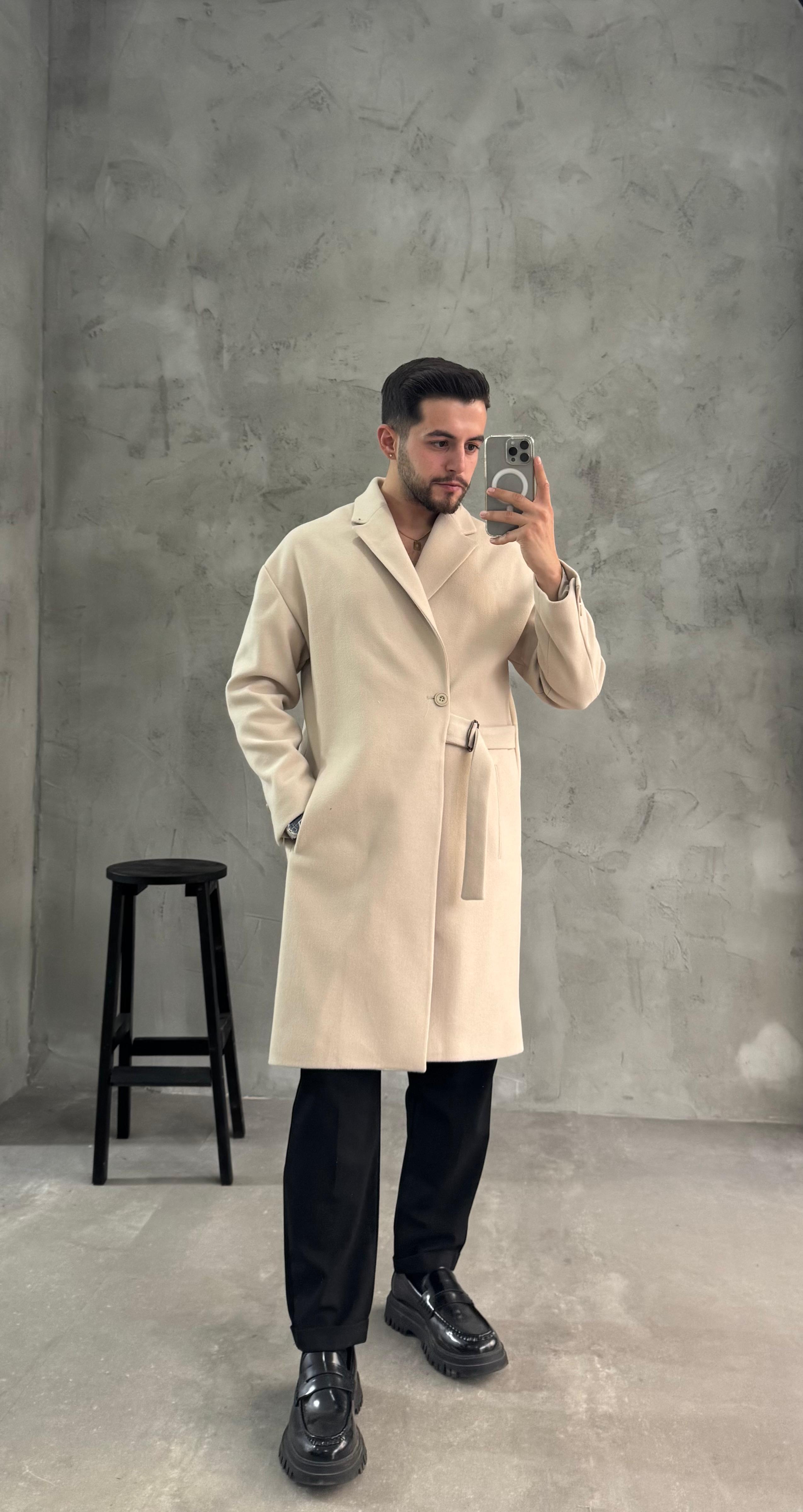 Bej Premium Kemerli Kaban