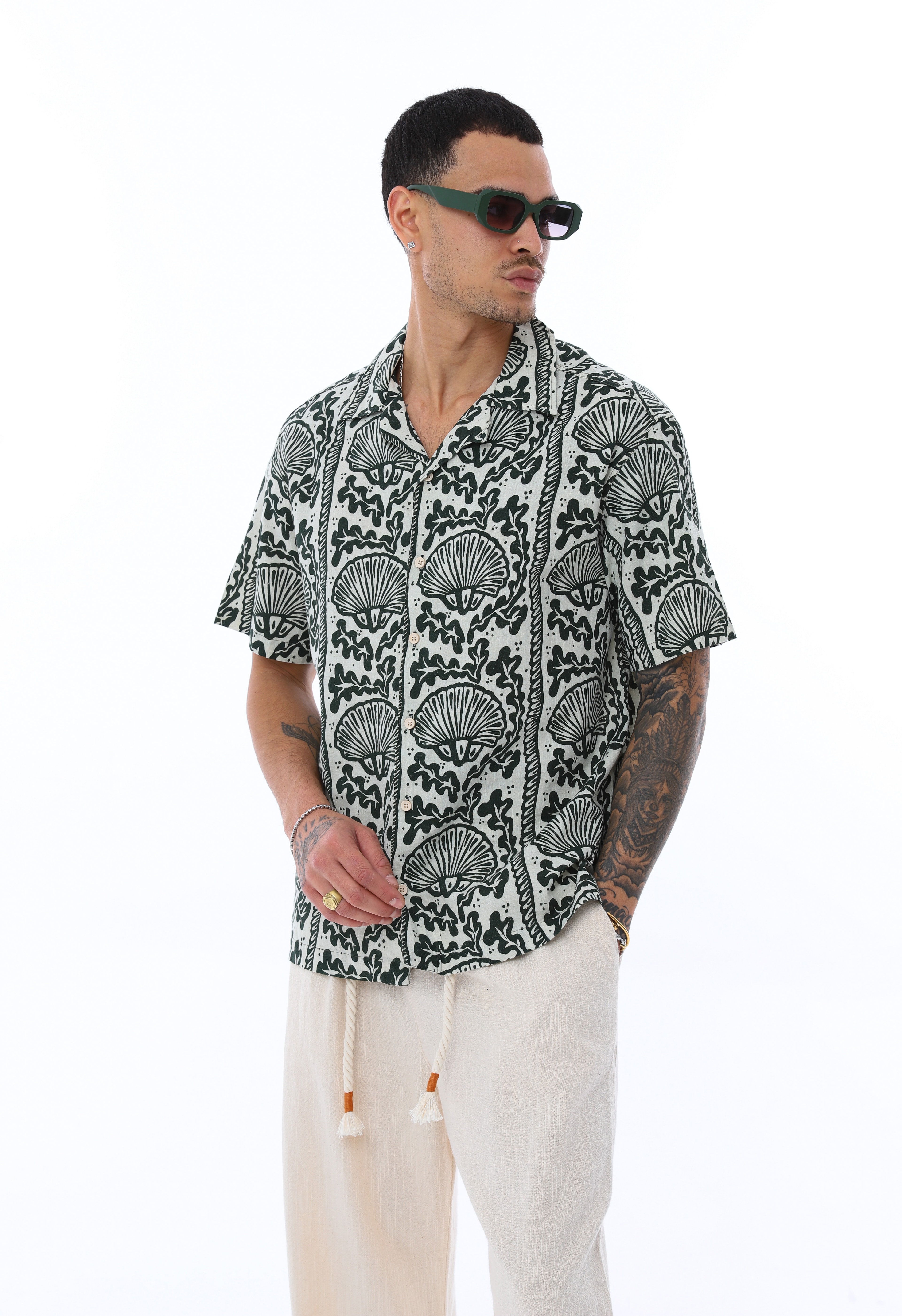 DESENLİ KISA KOLLU KETEN GÖMLEK - HAKİ