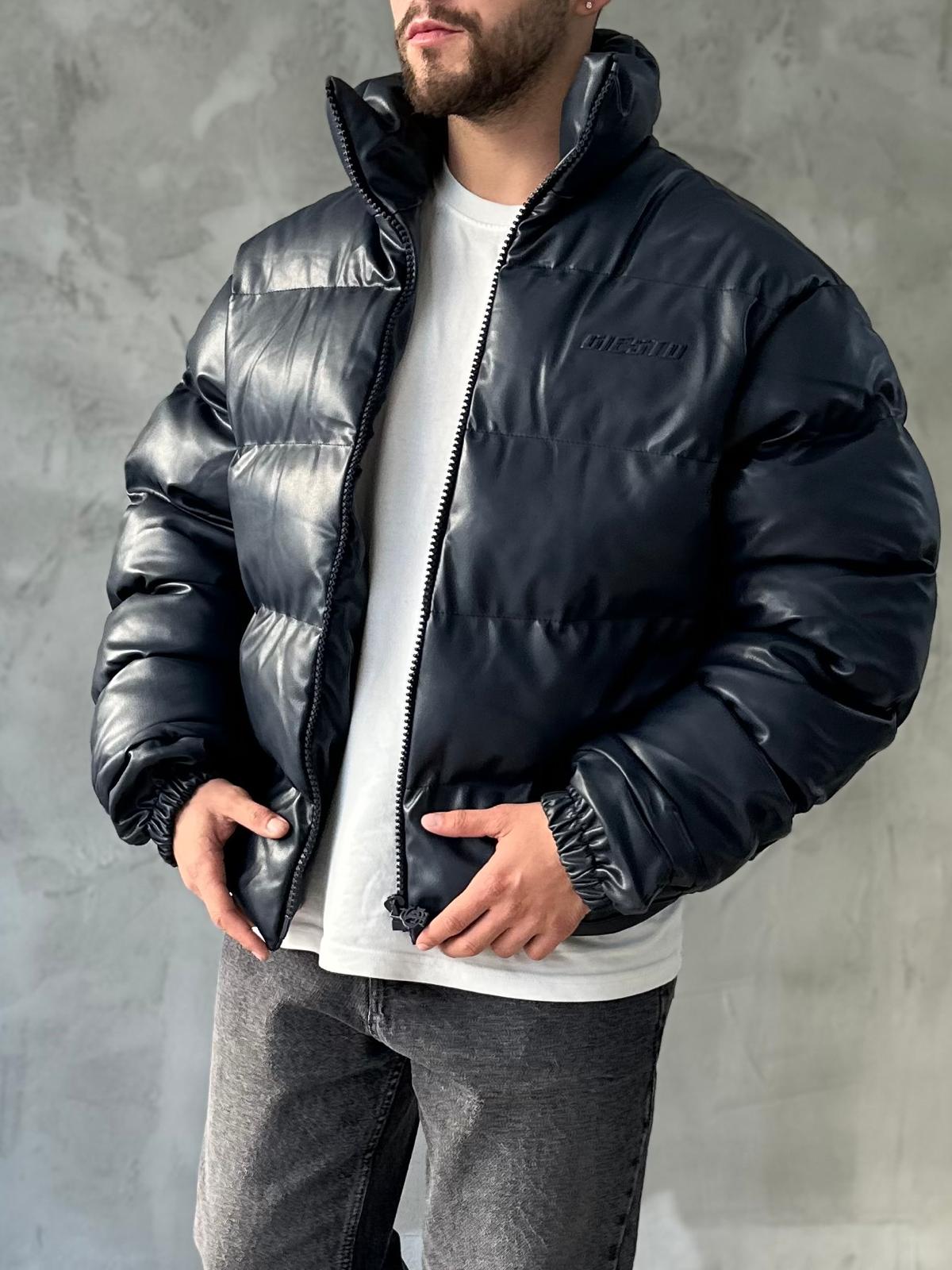 Lacivert Premium Deri Oversize Şişme Mont