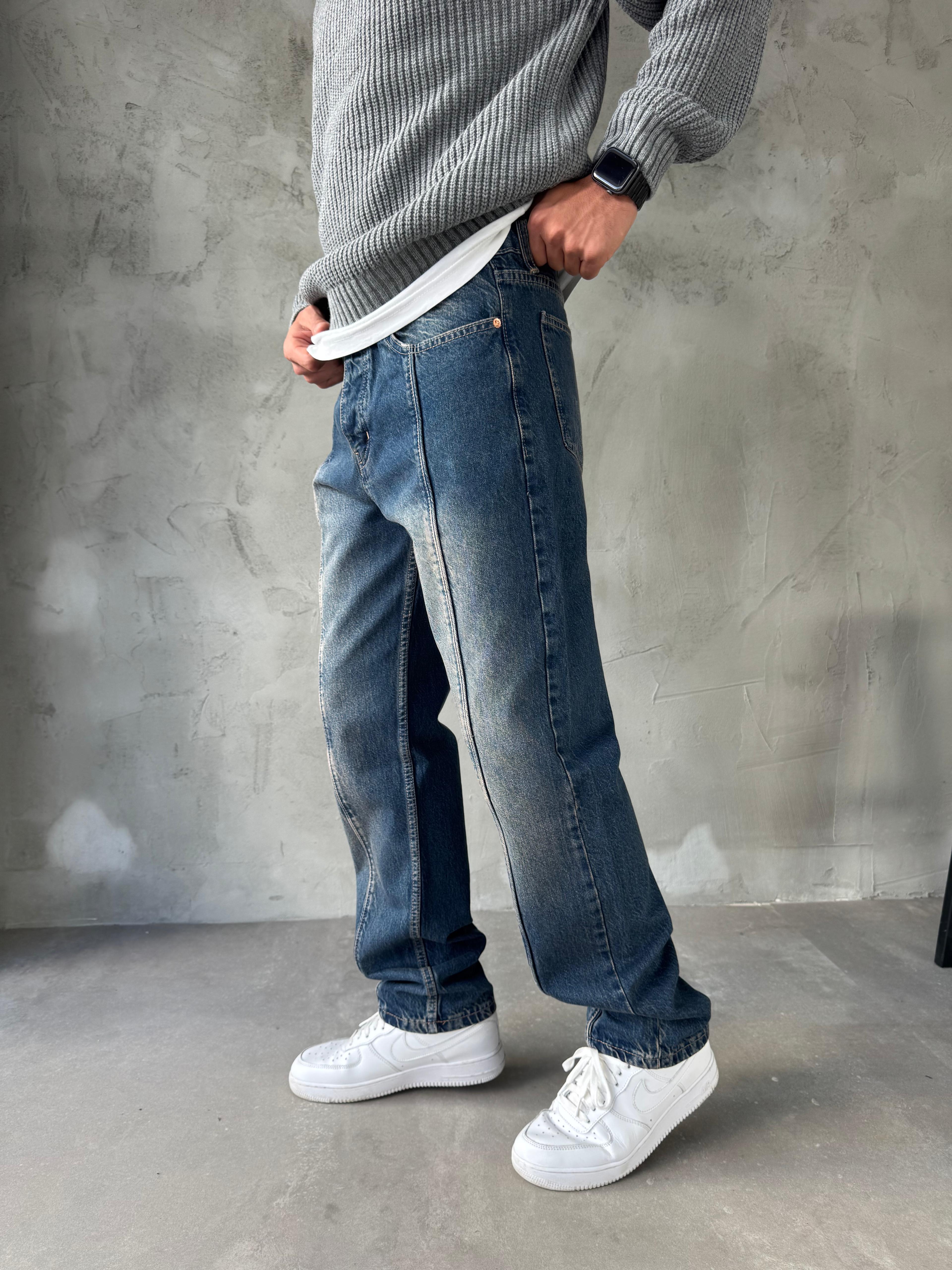 Mavi Yıkamalı Çizgi Detay Baggy Jean