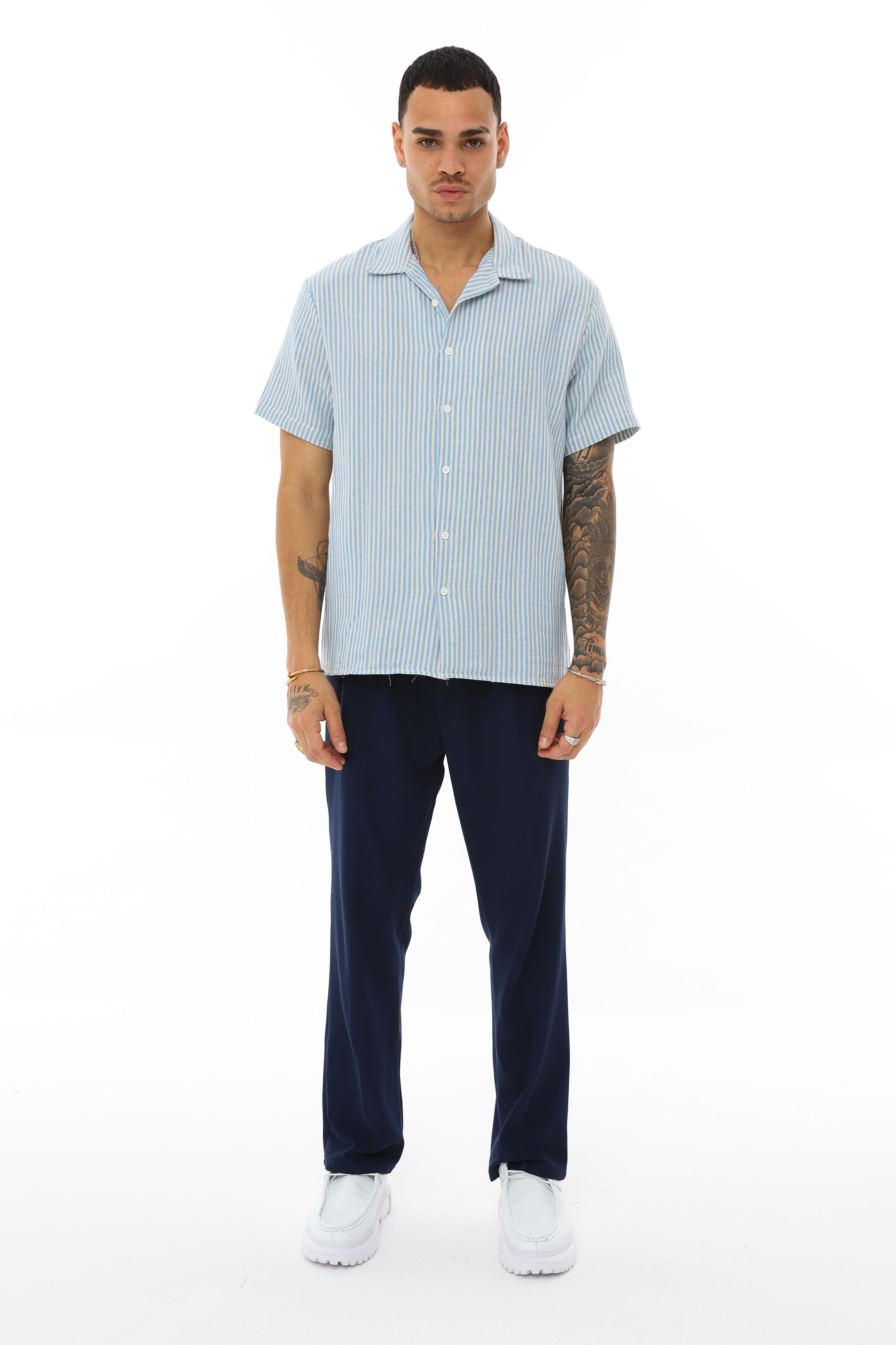 OVERSIZE KALIN ÇİZGİLİ KISA KOLLU GÖMLEK - MAVİ - BEYAZ