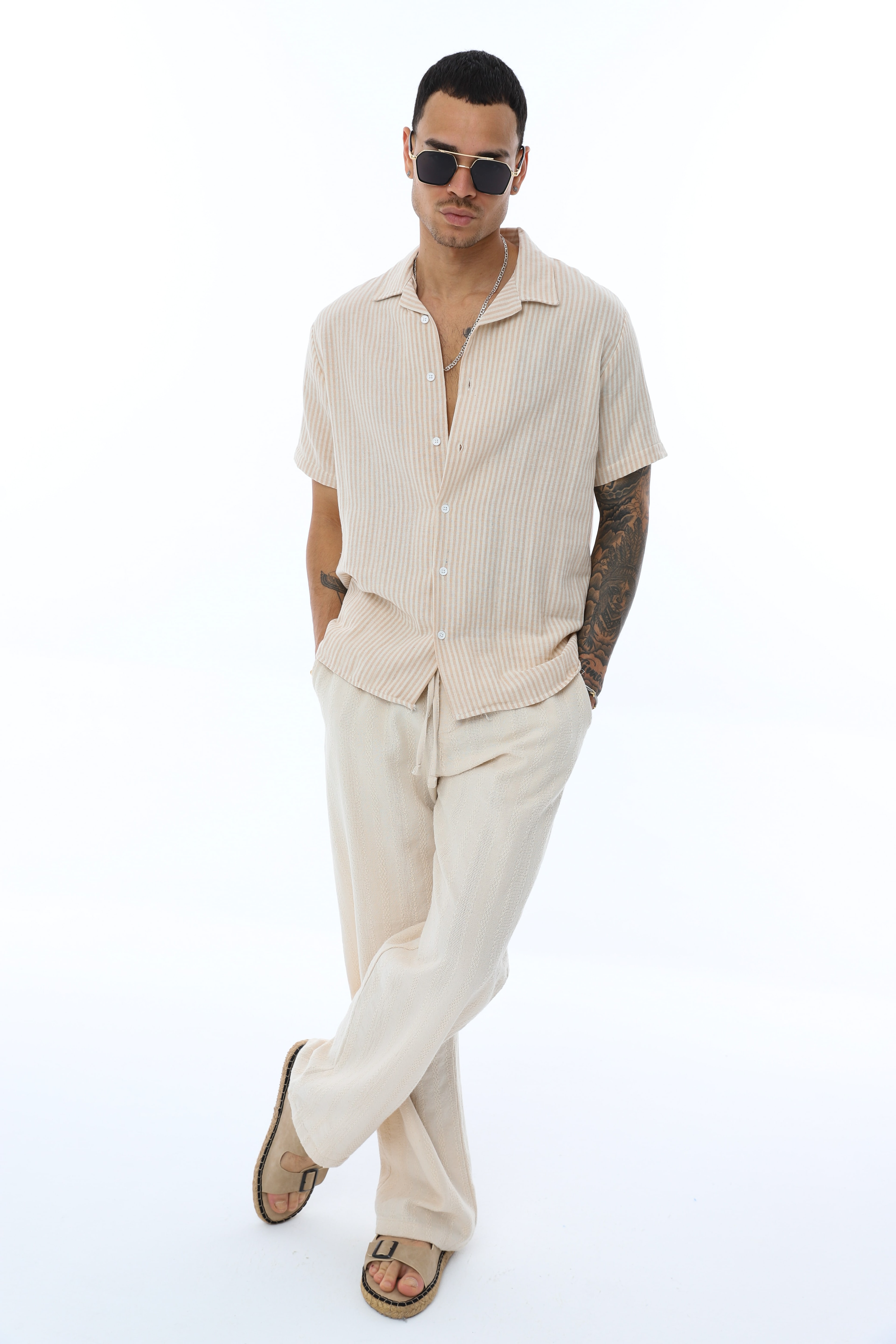 OVERSIZE KALIN ÇİZGİLİ KISA KOLLU GÖMLEK - KAHVE - BEYAZ