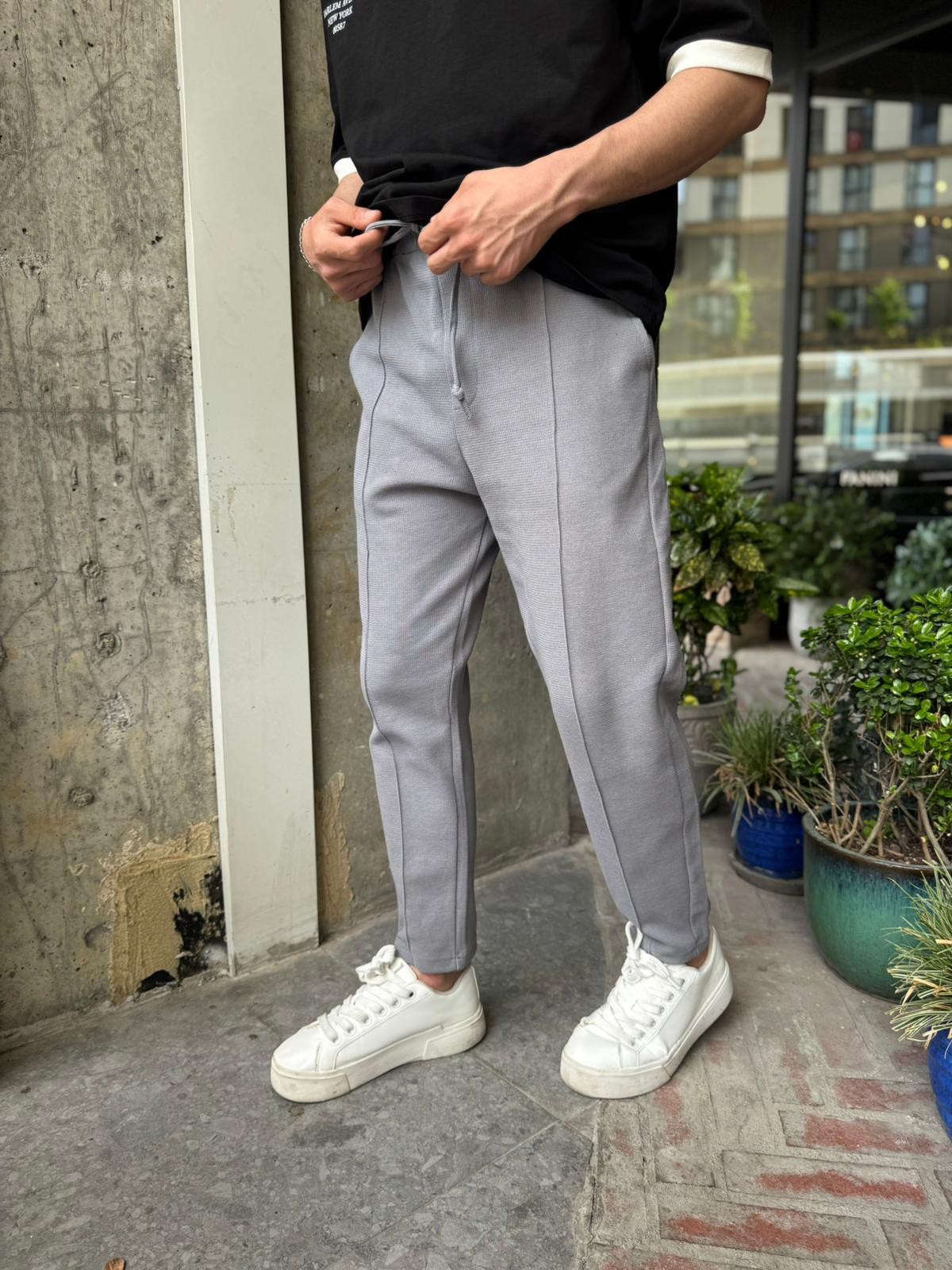 ÇIMALI ÖRME BOYFRIEND JOGGER - FÜME