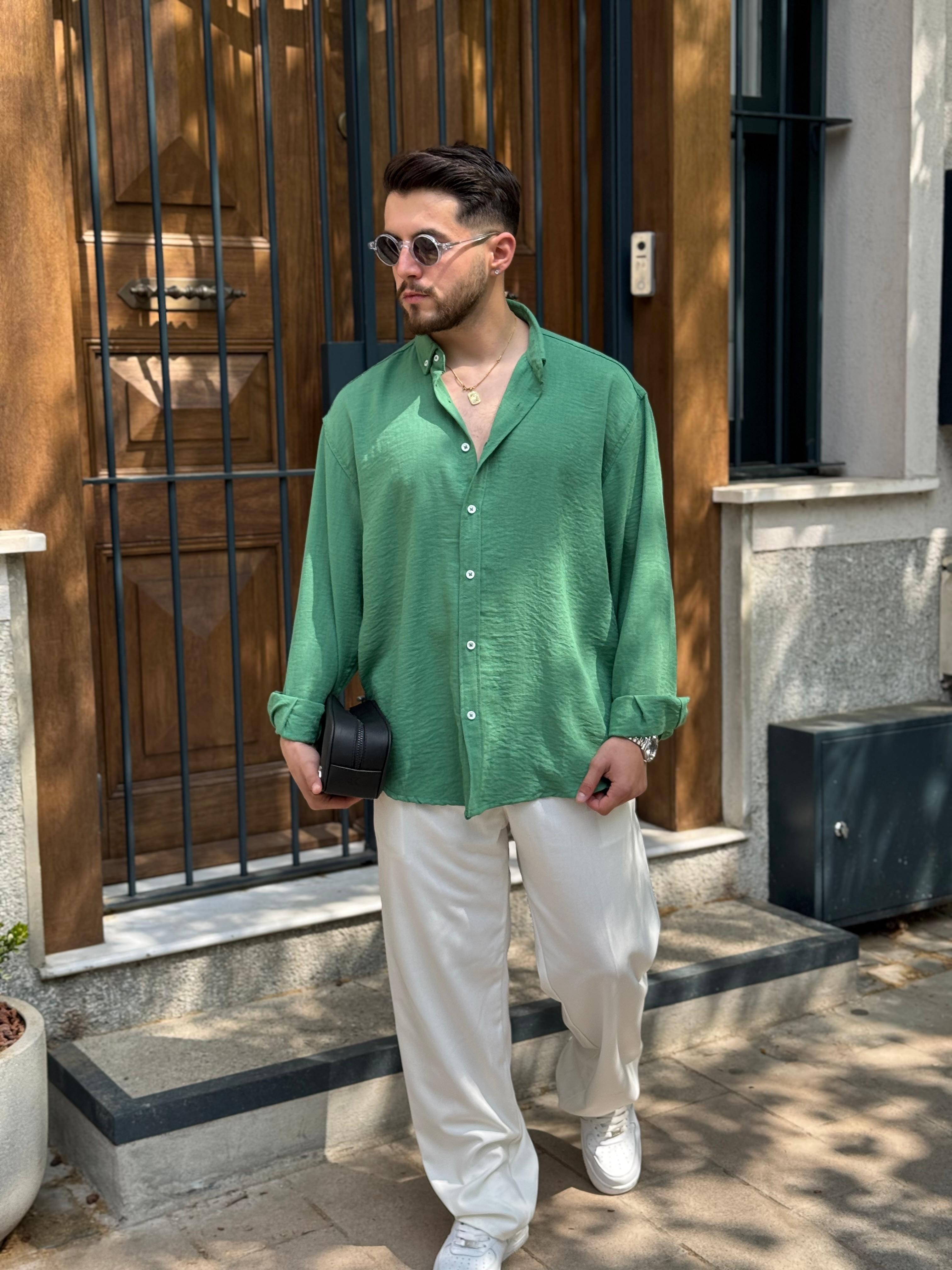 OVERSIZE DÖKÜMLÜ GOBİŞ KETEN GÖMLEK - YEŞİL