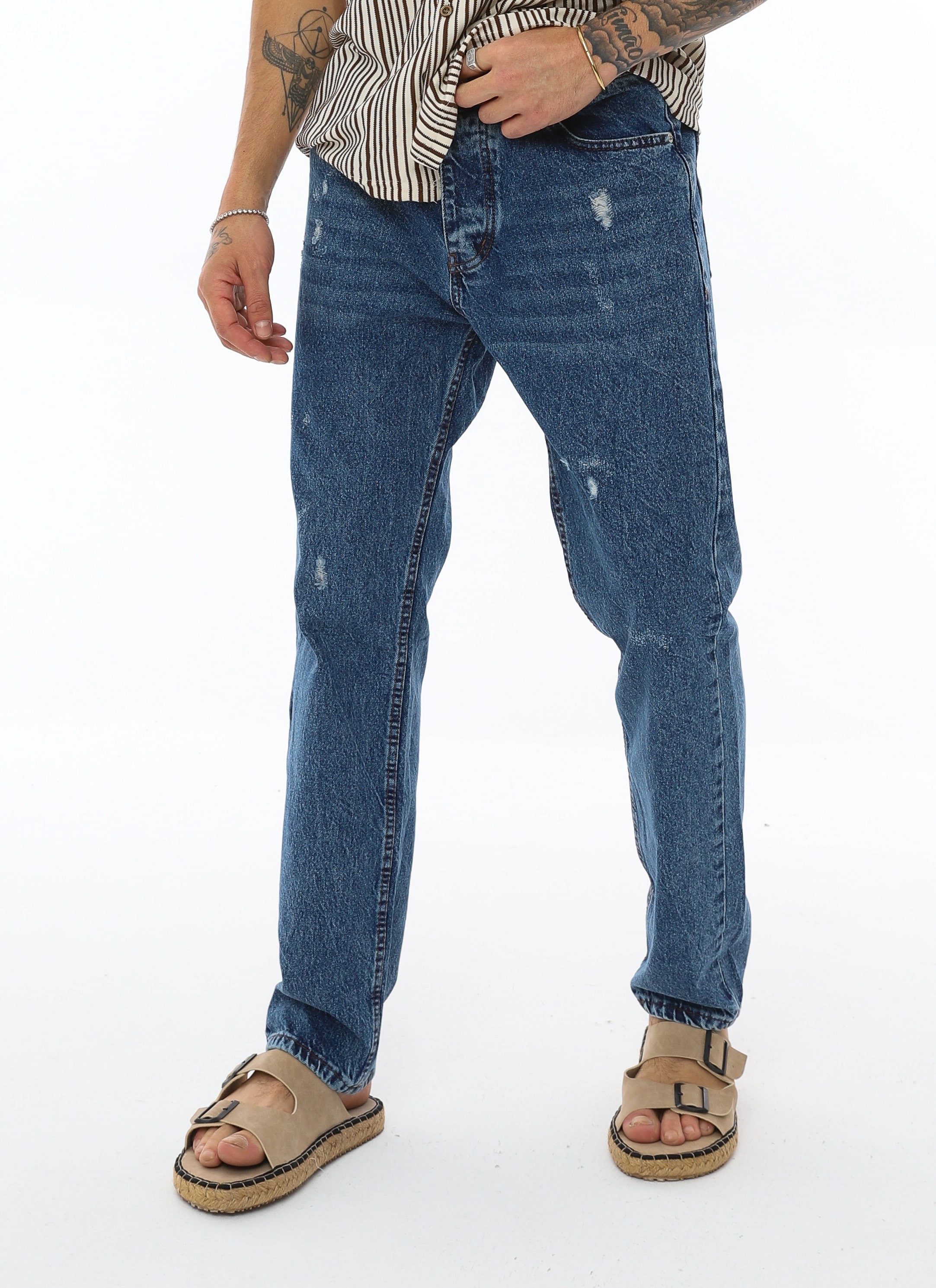 ÇİZGİ YIRTIKLI MAVİ BAGGY JEAN